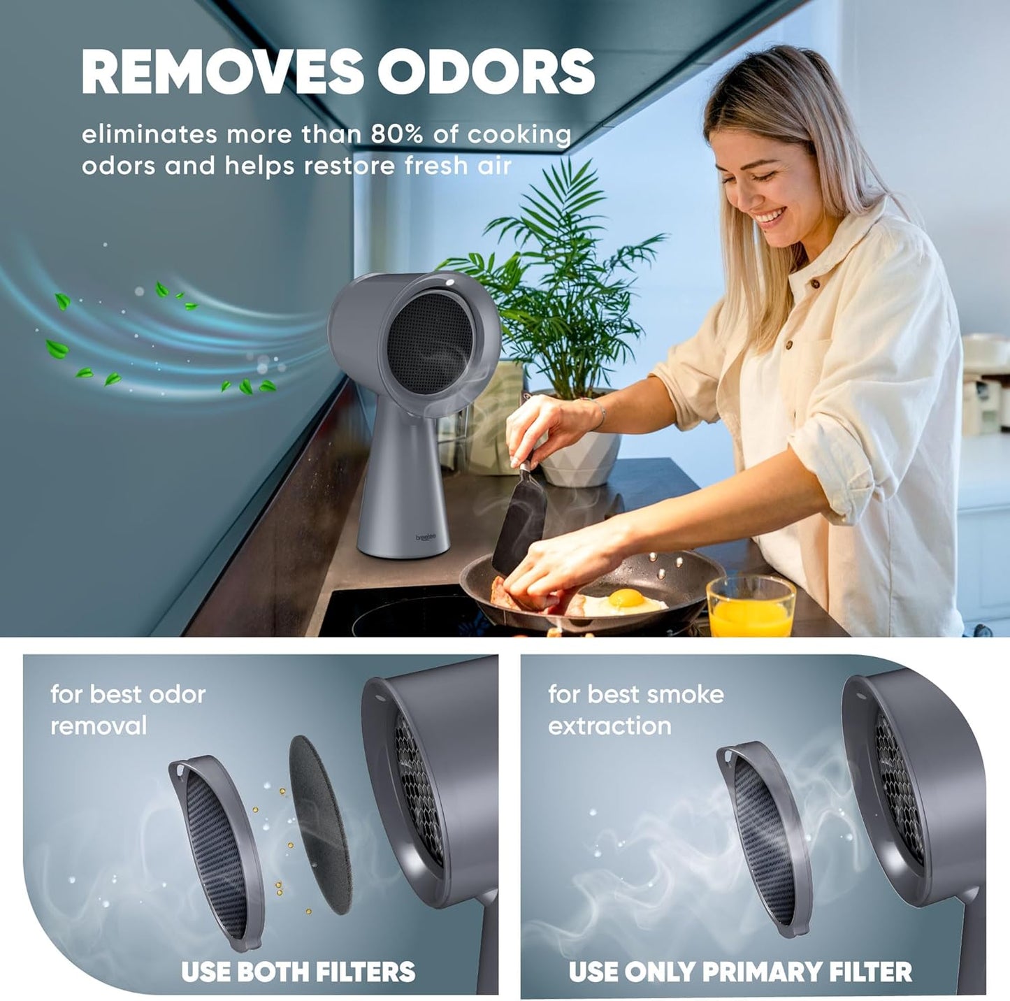 Portable Range Hood Kitchen - Powerful 3-Speed Suction Desktop Compact Range Hood with Double Filter, Gray