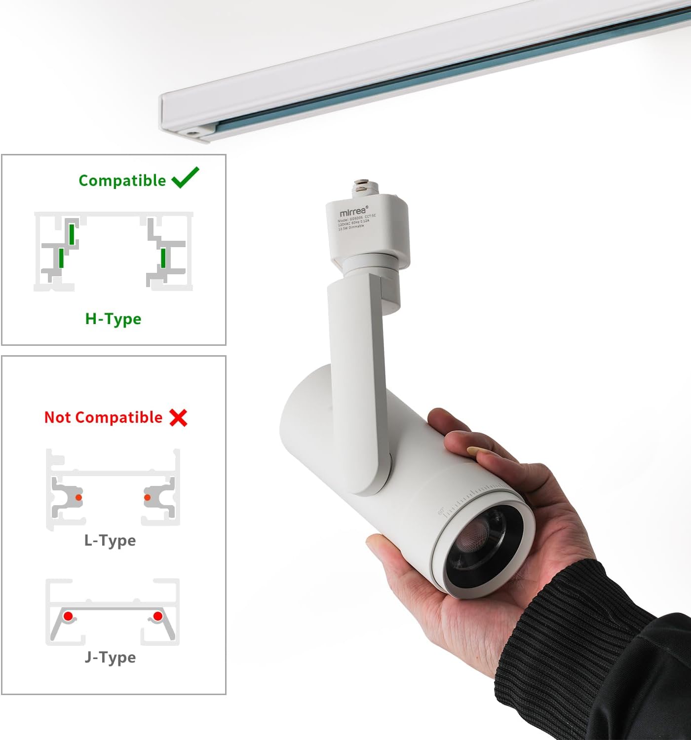 5-Color Zoomable LED Track Lighting Heads H-Type Dimmable, 13.5W White Ceiling Fixtures for Room, Modern