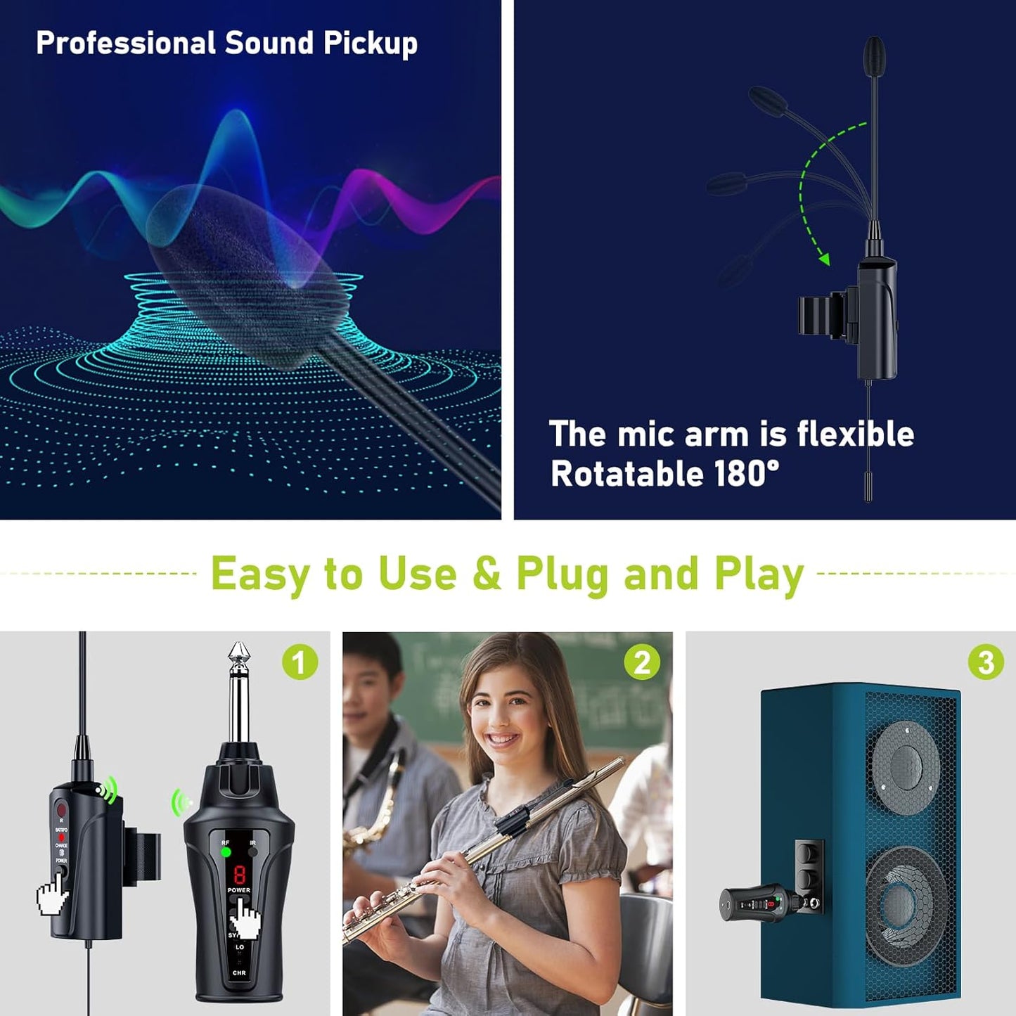 UHF Wireless Flute Microphone System, Wireless Tie-on Microphone for Flute, Suitable for Live Performances