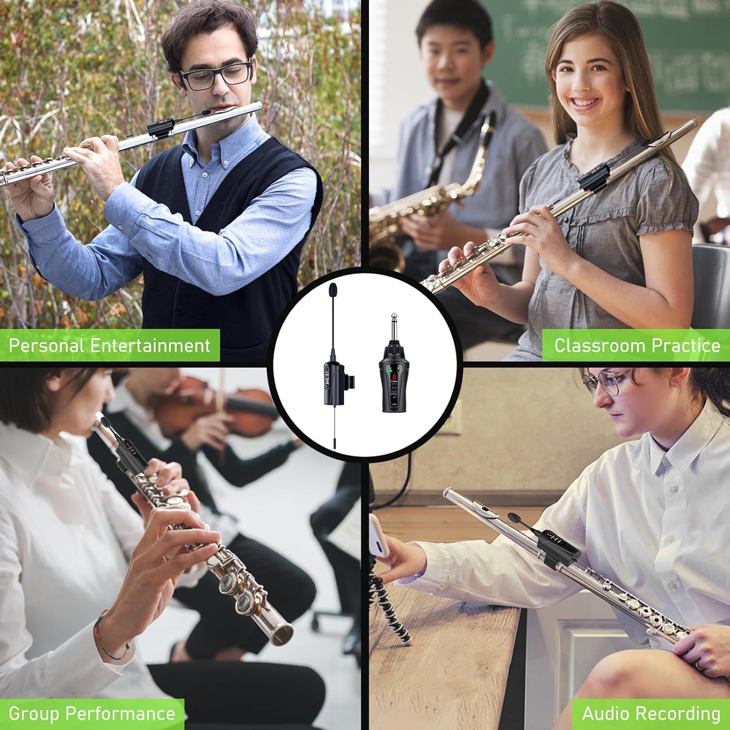 UHF Wireless Flute Microphone System, Wireless Tie-on Microphone for Flute, Suitable for Live Performances