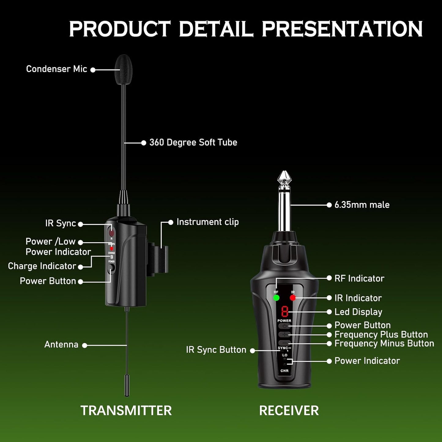 UHF Wireless Flute Microphone System, Wireless Tie-on Microphone for Flute, Suitable for Live Performances