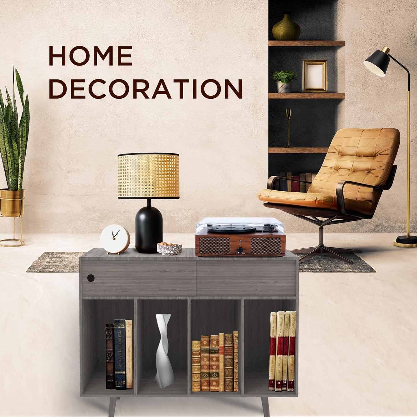 Large Record Player Stand with Vinyl Storage