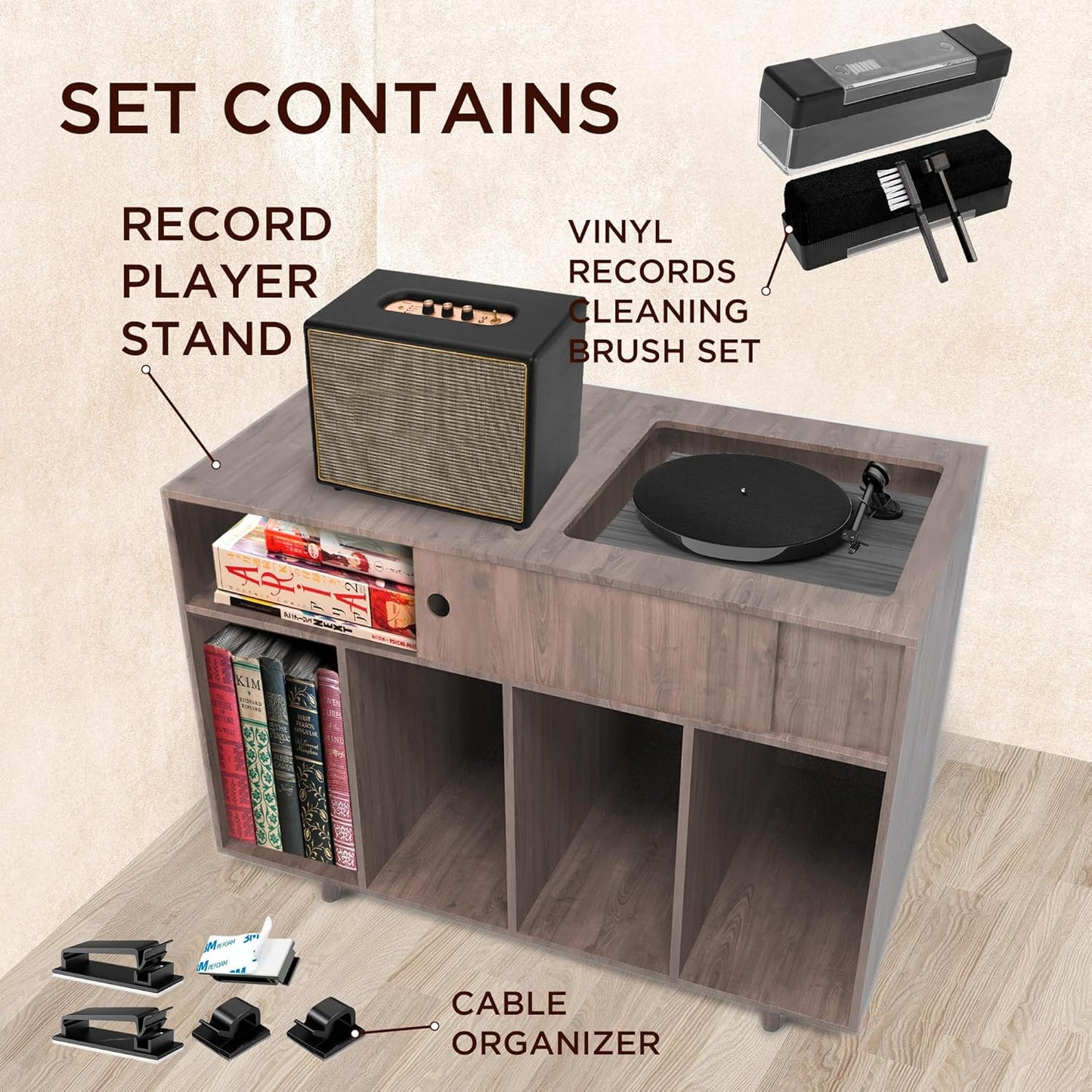 Large Record Player Stand with Vinyl Storage