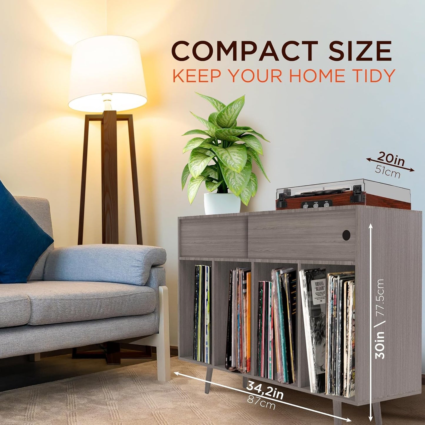 Large Record Player Stand with Vinyl Storage