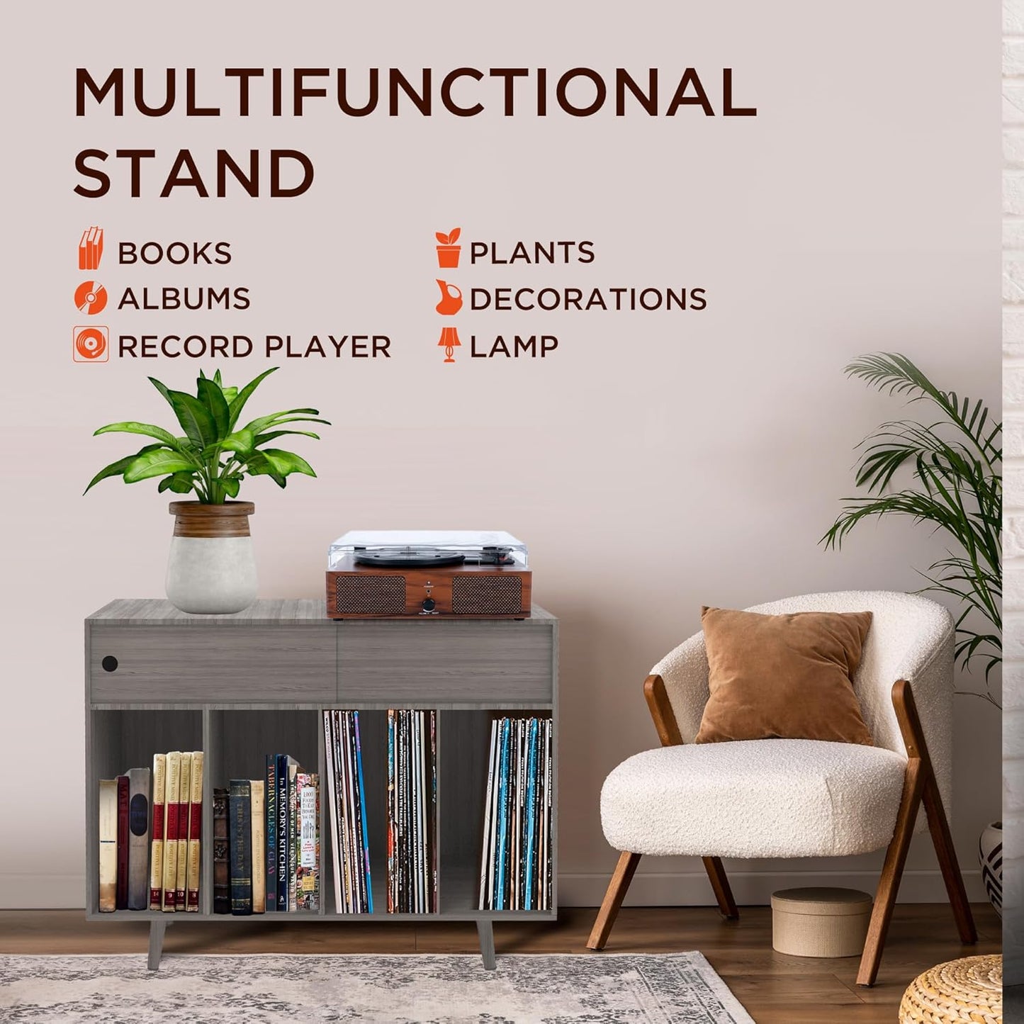 Large Record Player Stand with Vinyl Storage