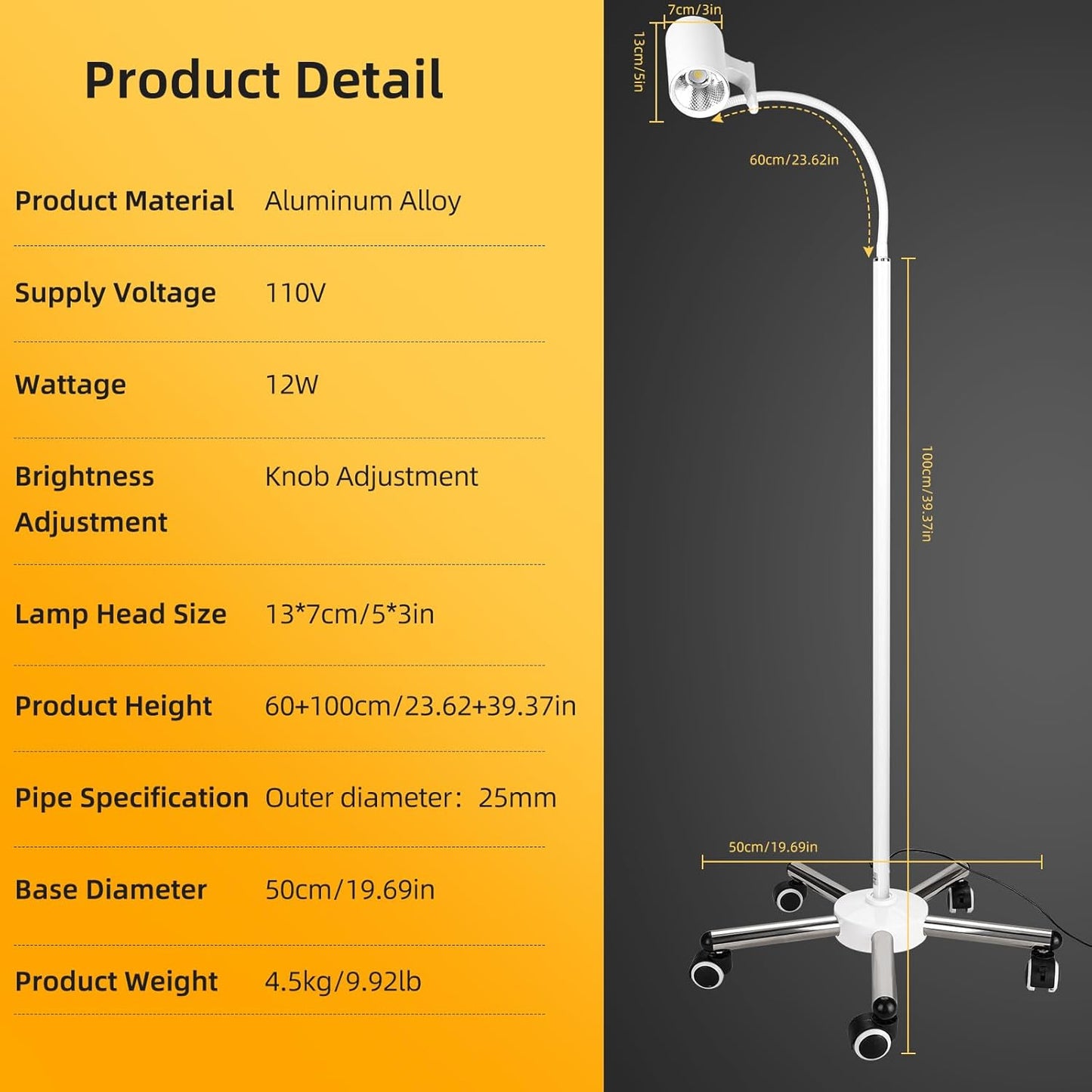 Exam Light 12W LED Medical Exam Lamp Mobile Surgical Examination Lamp Stainless Steel 5-Legged Base