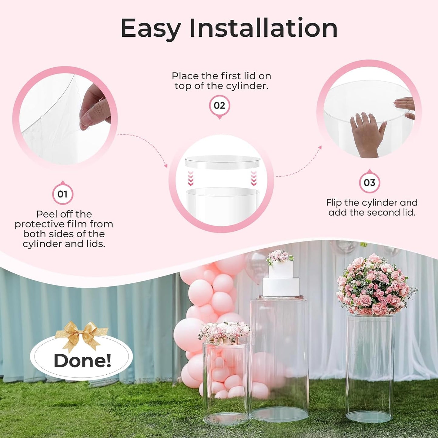 Cylinder Pedestal Stands for Party, 3 Pcs Clear Acrylic Display Pedestals 35.4', 29.5', 23.6'