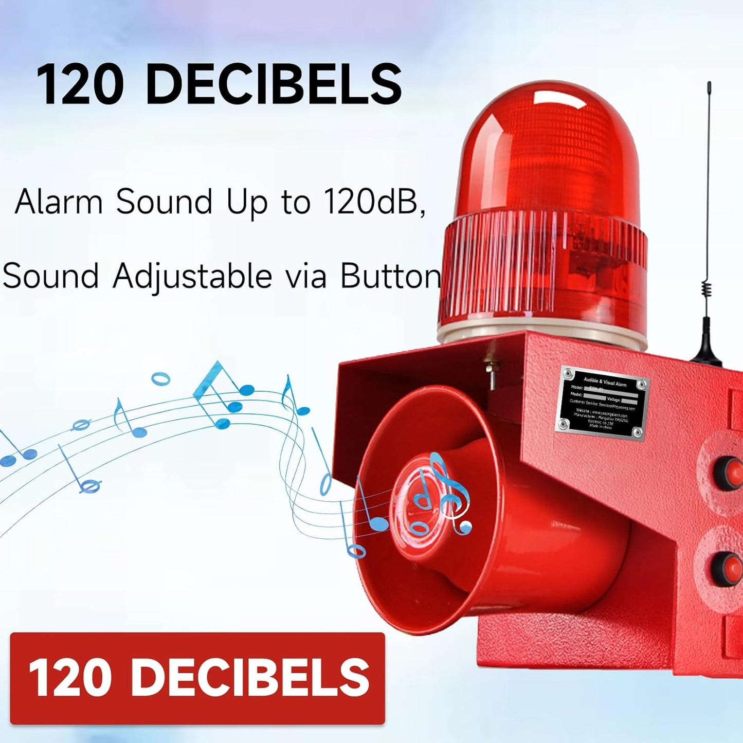 Wireless Emergency Strobe Siren Alarm Waterproof Outdoor Security Siren 120dB, 1640ft Remote Control, 12 Tone