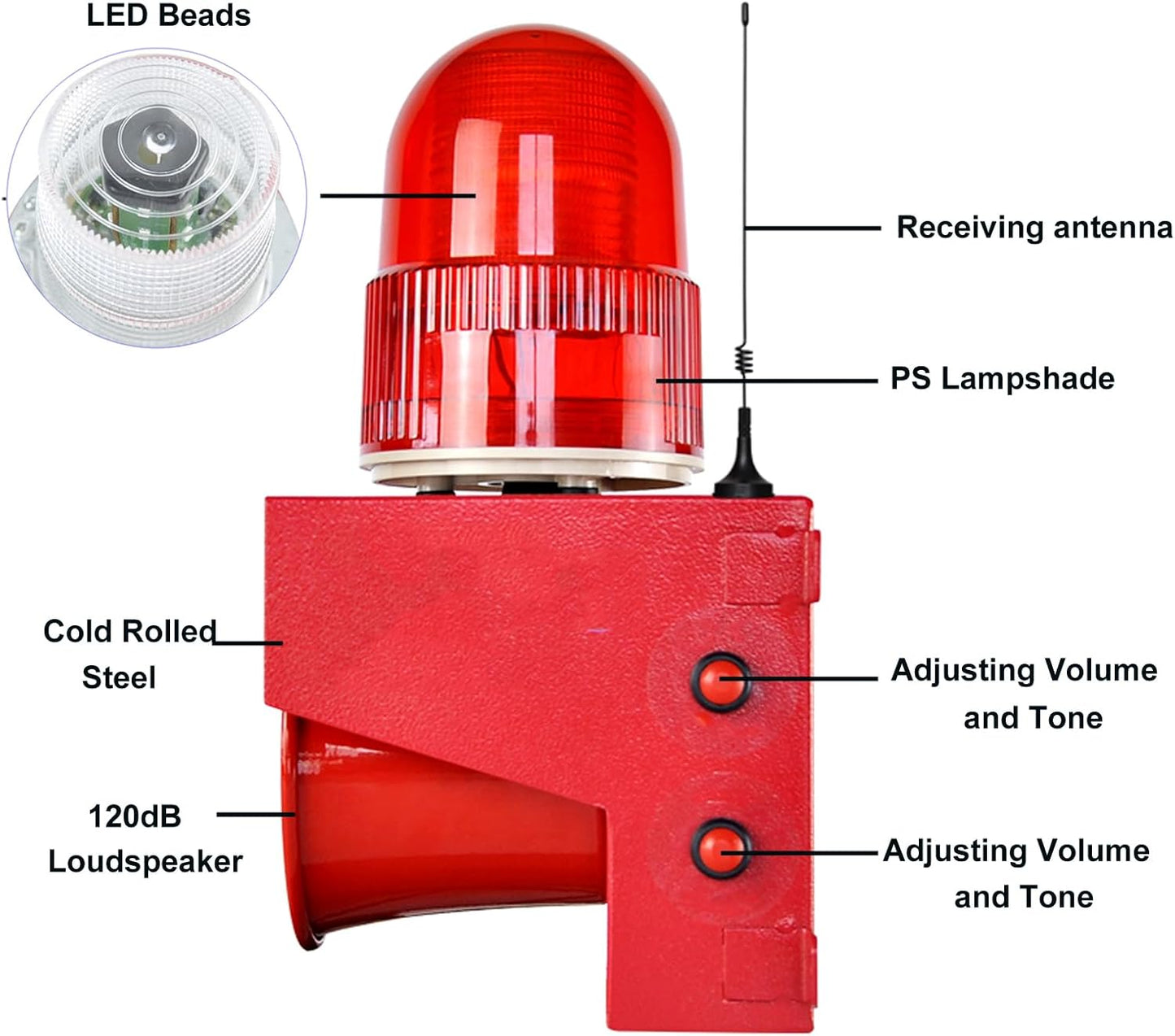 Wireless Emergency Strobe Siren Alarm Waterproof Outdoor Security Siren 120dB, 1640ft Remote Control, 12 Tone