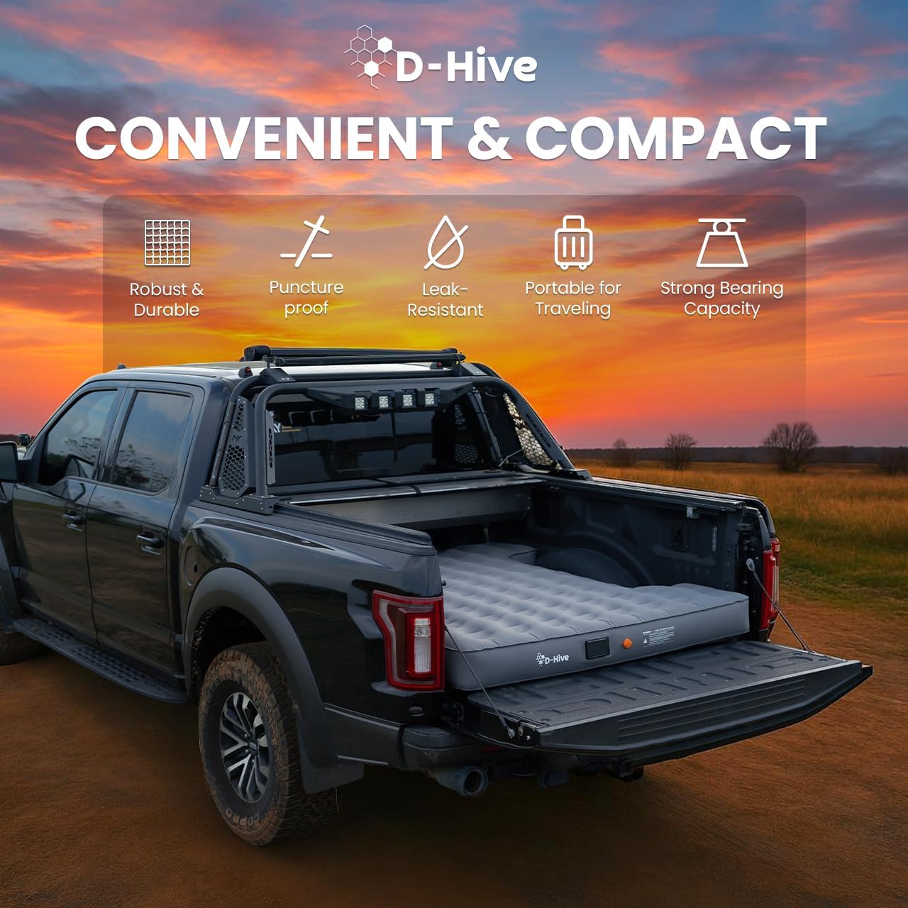 Unbeatable Durability 6-6.5' Truck Bed Air Mattress, Durable Extra Thick 300D Oxford Fabric, Quick Easy Set-Up