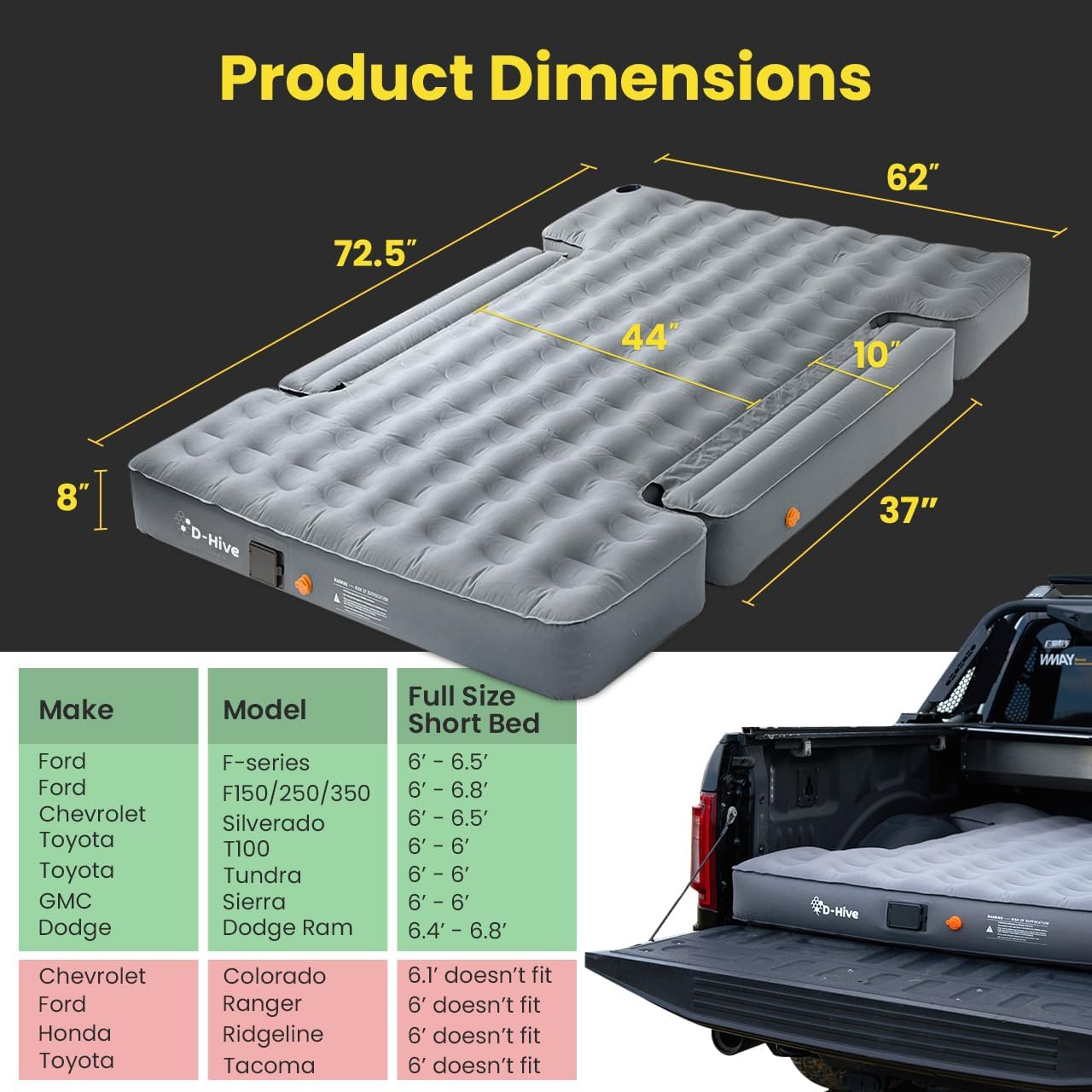 Unbeatable Durability 6-6.5' Truck Bed Air Mattress, Durable Extra Thick 300D Oxford Fabric, Quick Easy Set-Up