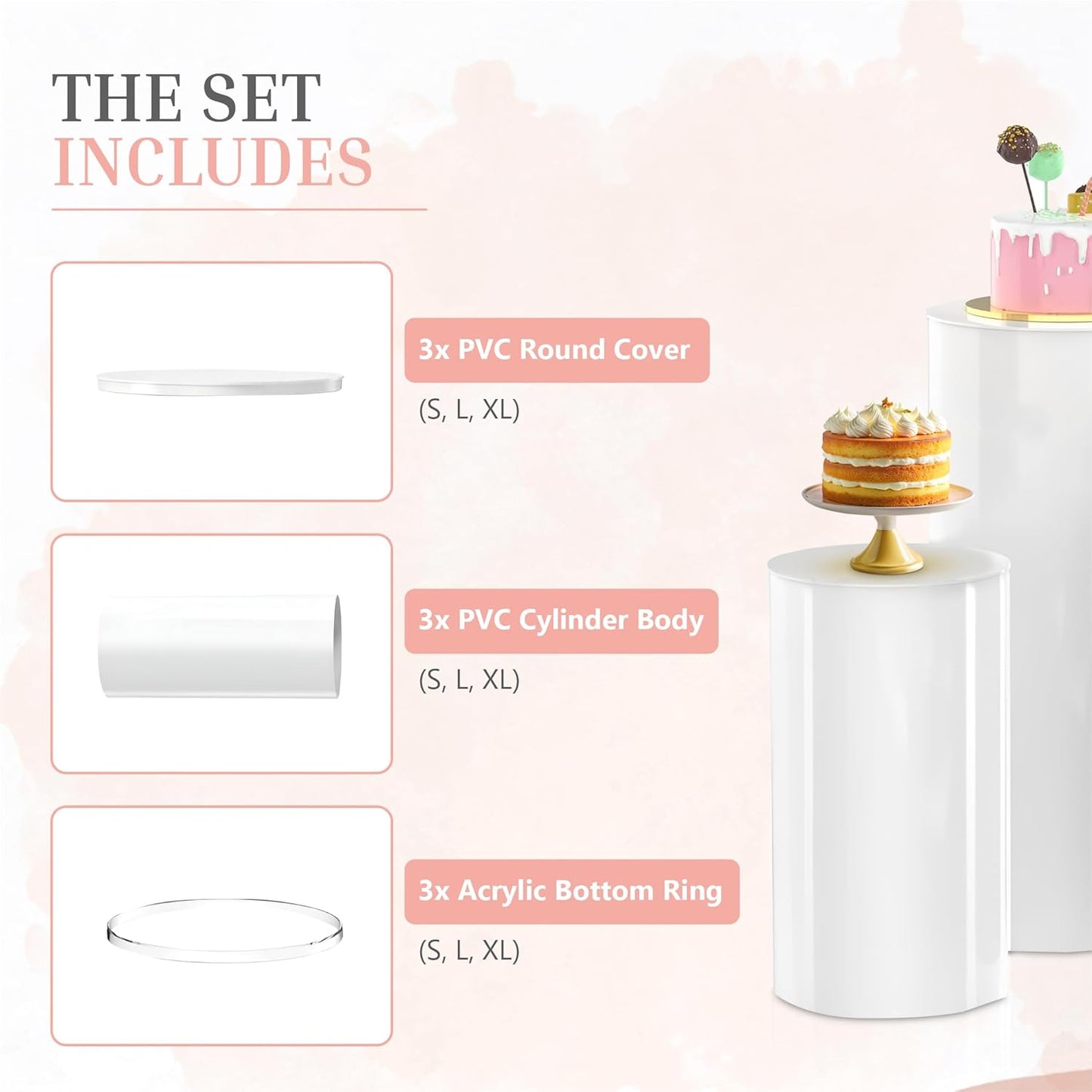 White Cylinder Pedestal Stands, 3 Pieces, White Party Cylinder Table, 35.4'(L), 29.5'(M), 23.6'(S)