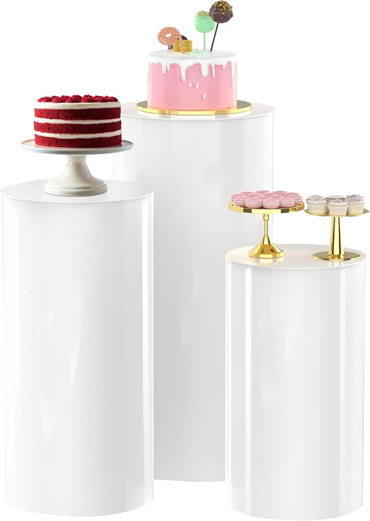 White Cylinder Pedestal Stands, 3 Pieces, White Party Cylinder Table, 35.4'(L), 29.5'(M), 23.6'(S)