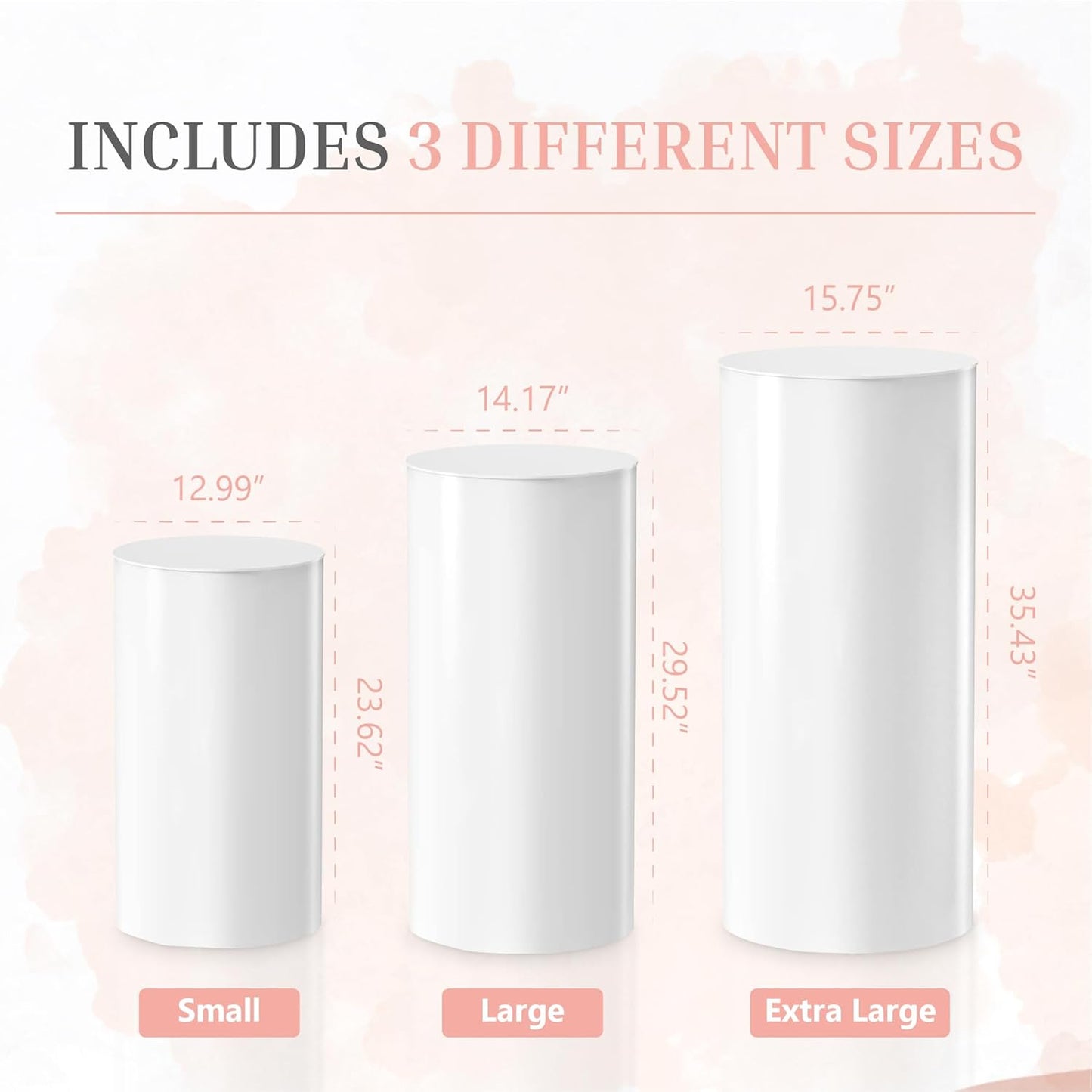 White Cylinder Pedestal Stands, 3 Pieces, White Party Cylinder Table, 35.4'(L), 29.5'(M), 23.6'(S)