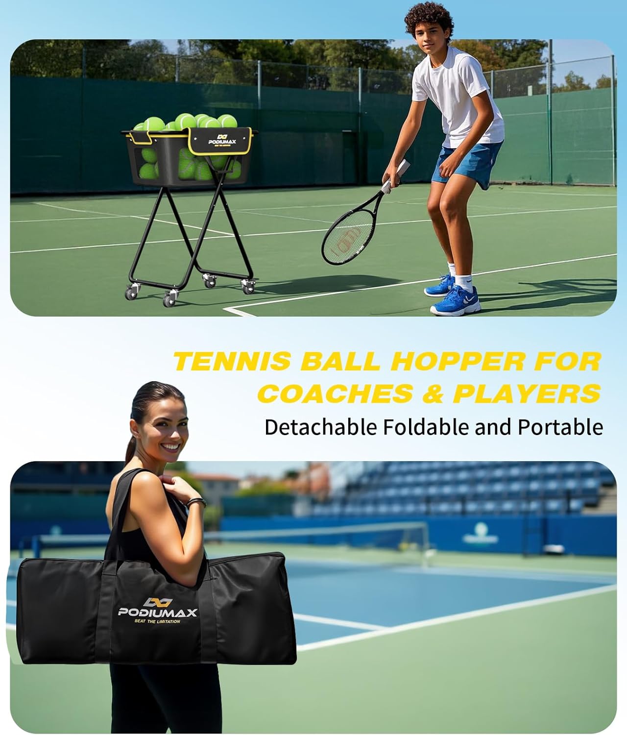 Pickleball Tennis Ball Hopper, Holds 180 Tennis-Balls or 150 Pickle Balls; Foldable, Waterproof, Pickleball Caddy