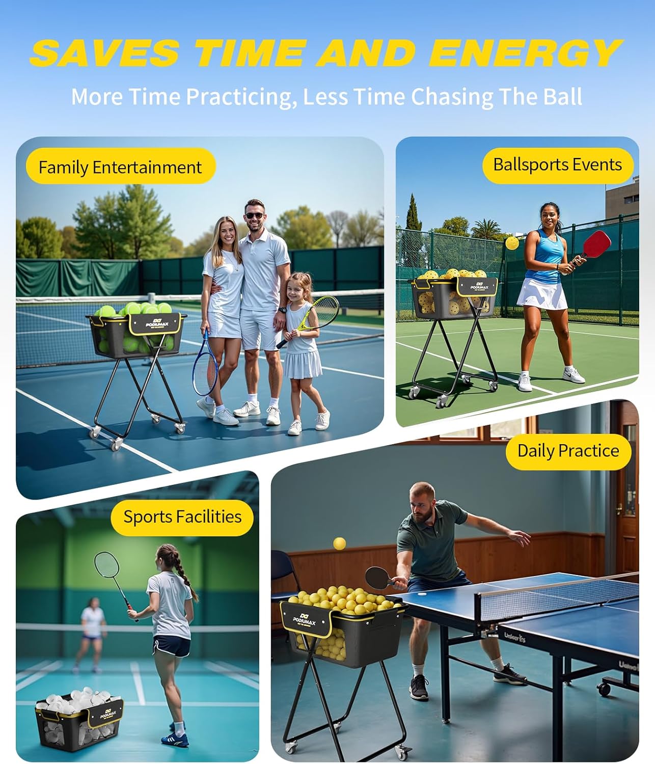 Pickleball Tennis Ball Hopper, Holds 180 Tennis-Balls or 150 Pickle Balls; Foldable, Waterproof, Pickleball Caddy
