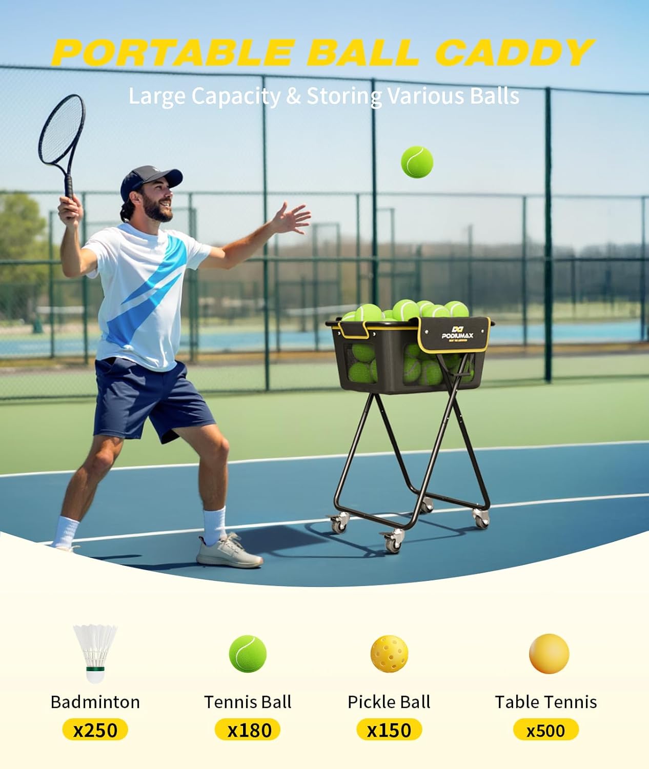 Pickleball Tennis Ball Hopper, Holds 180 Tennis-Balls or 150 Pickle Balls; Foldable, Waterproof, Pickleball Caddy