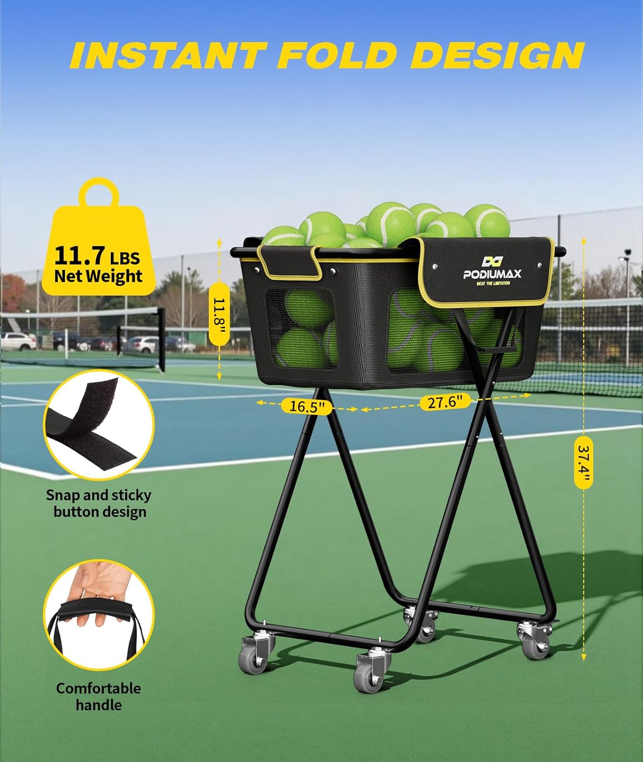 Pickleball Tennis Ball Hopper, Holds 180 Tennis-Balls or 150 Pickle Balls; Foldable, Waterproof, Pickleball Caddy