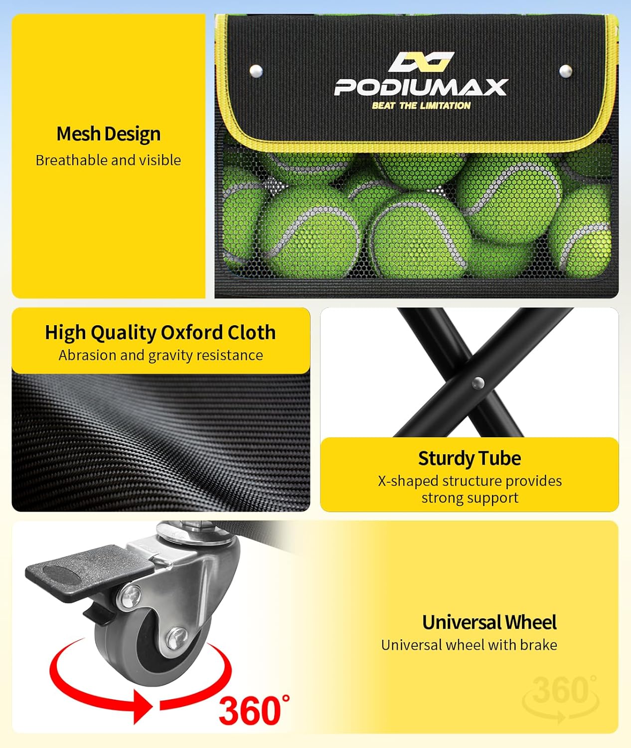 Pickleball Tennis Ball Hopper, Holds 180 Tennis-Balls or 150 Pickle Balls; Foldable, Waterproof, Pickleball Caddy