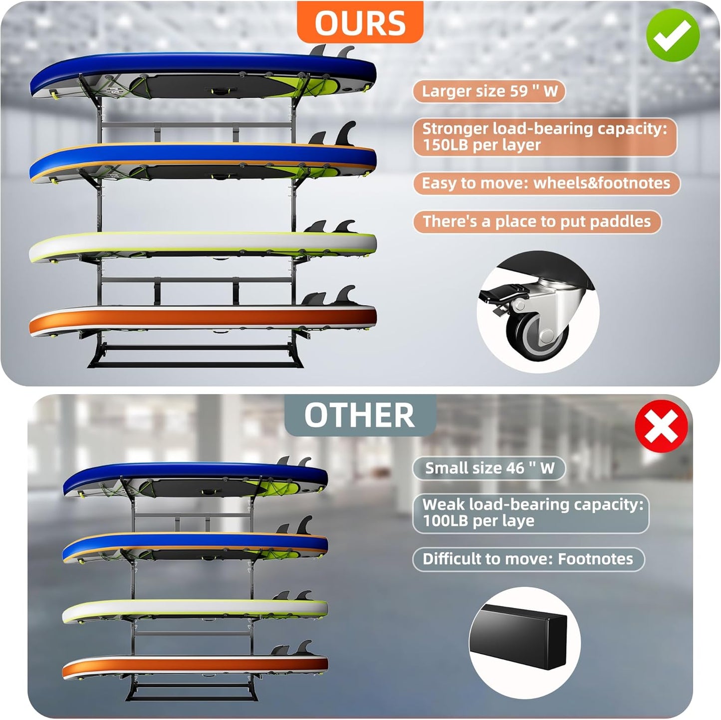 Kayak Storage Rack, Freestanding with Wheels, Heavy Duty Kayak Holder, Adjustable Canoes and Surfboards