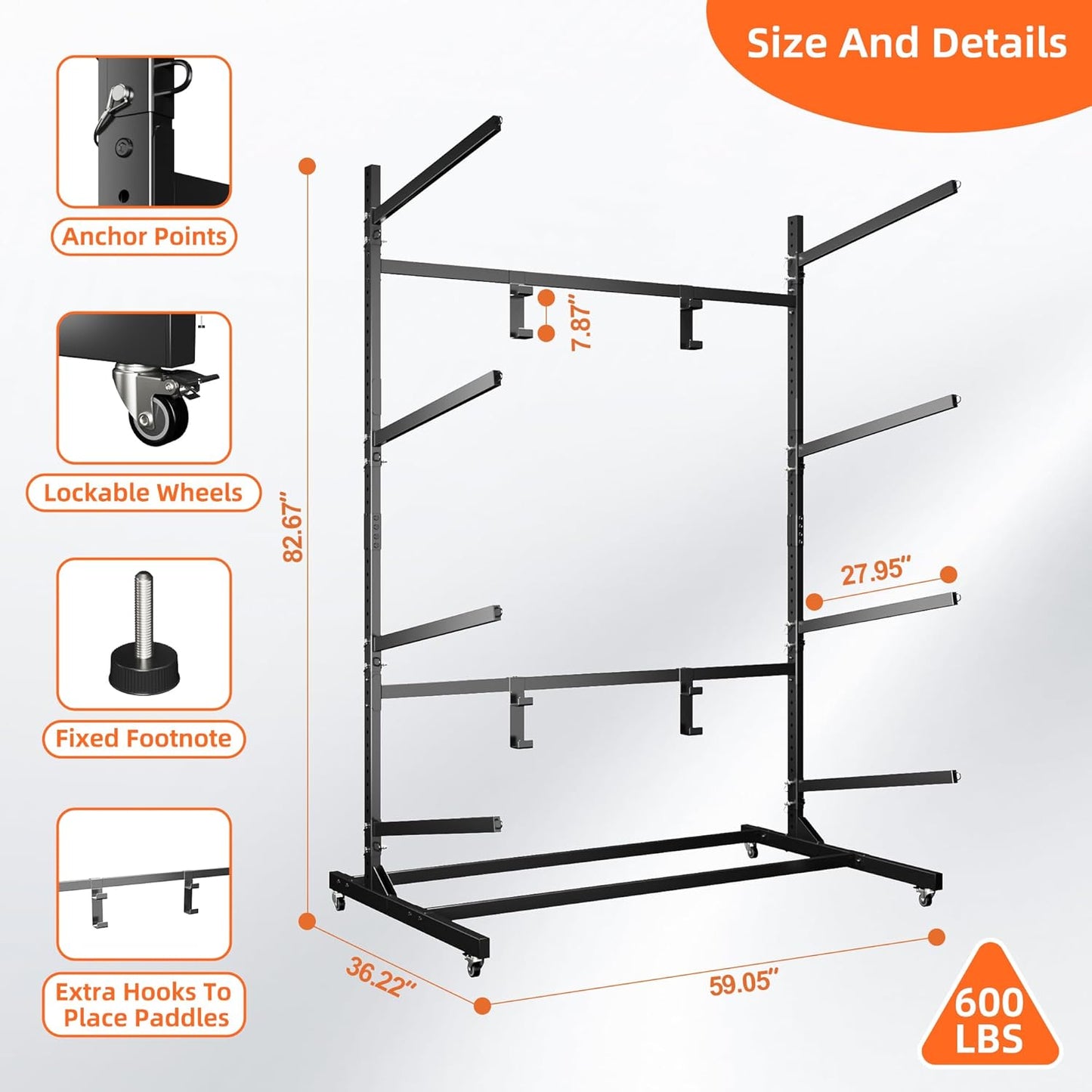 Kayak Storage Rack, Freestanding with Wheels, Heavy Duty Kayak Holder, Adjustable Canoes and Surfboards