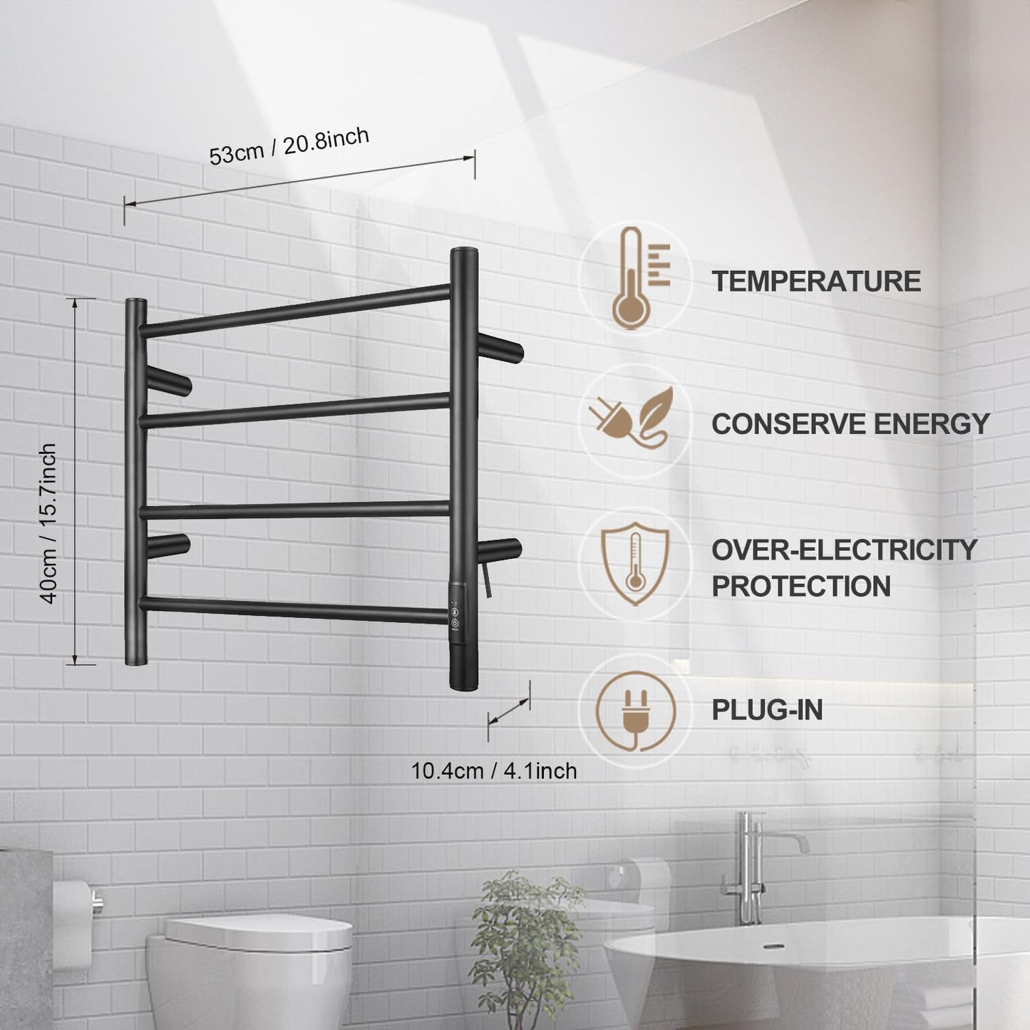 Towel Warmer Rack for Bathroom Wall Mounted Heated Dryer Plug-in/Hardwired Stainless Steel 4-bar Matte Black