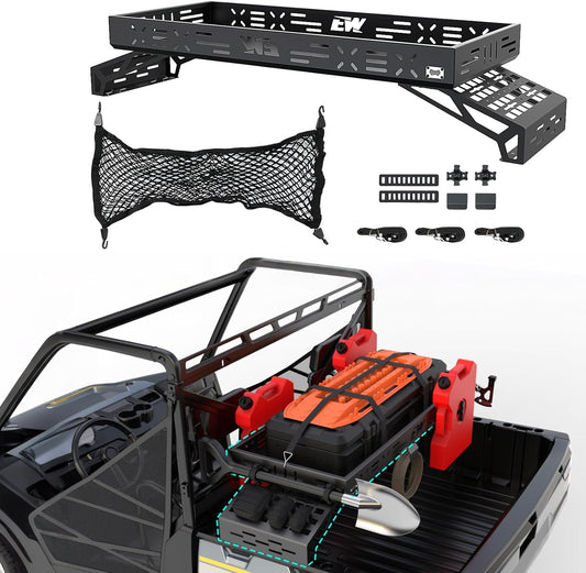 NIXFACE Aluminum Adjustable Universal Overbed Cargo Rack with Cargo Net Fit for Pickup Trucks,UTVs,SUVs,Vans Front &amp; Rear Cargo Basket
