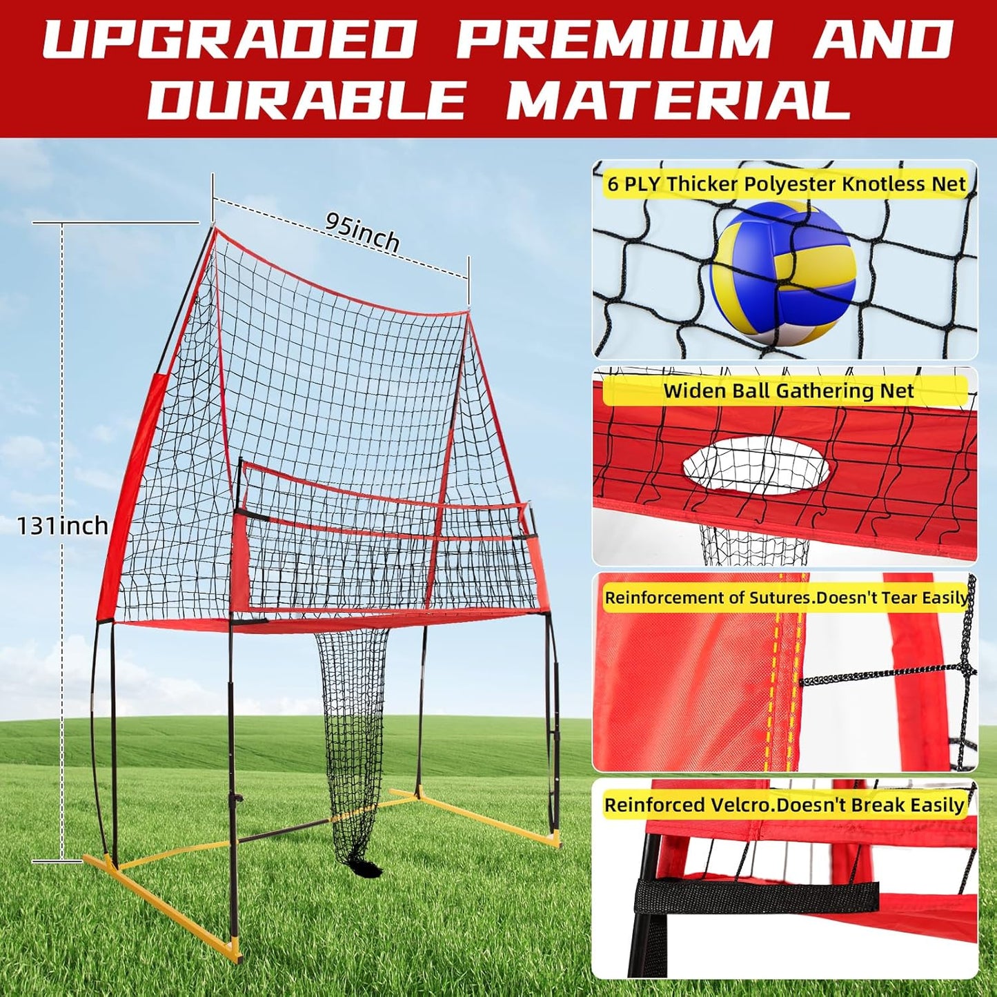 Wiseek Easy Installation Volleyball Training Equipment Net,Update Freely 6-8FT Height Adjustable Volleyball Net,Portable Volleyball Net for Backyard