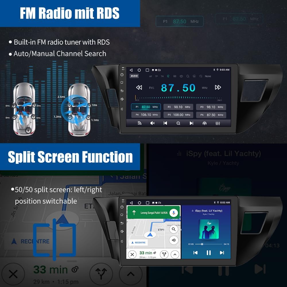 2+64G AWESAFE Android 13 Car Radio Stereo for Toyota Corolla 2014 2015 2016, 10 Inch Touch Screen with Wireless CarPlay Android Auto (2GB+64GB)