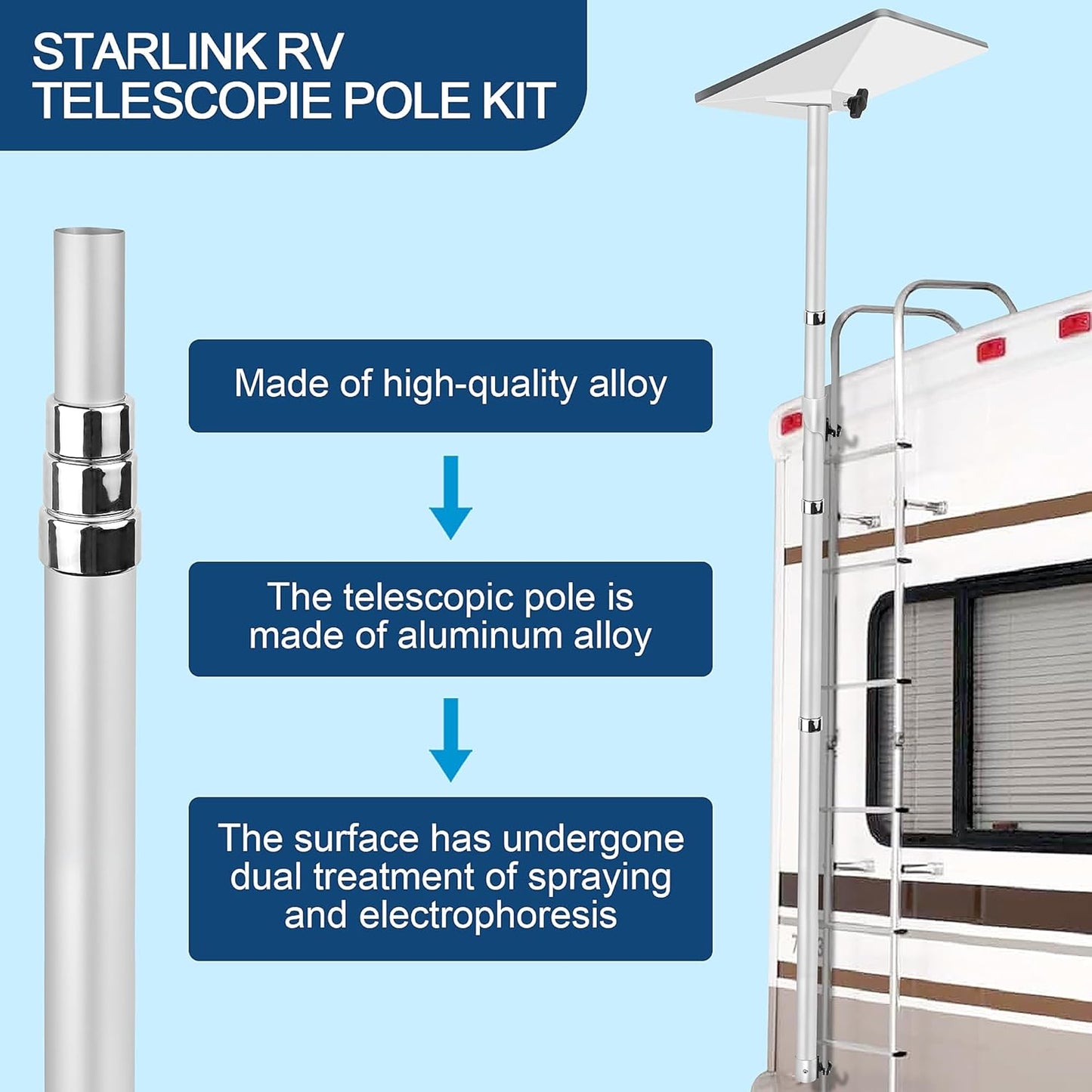 Starlink Mini Flag Pole Mount Kit - 10 feet Telescoping FlagPole- Fits for 0.7 to 1.1 Inch Round Ladder Rails