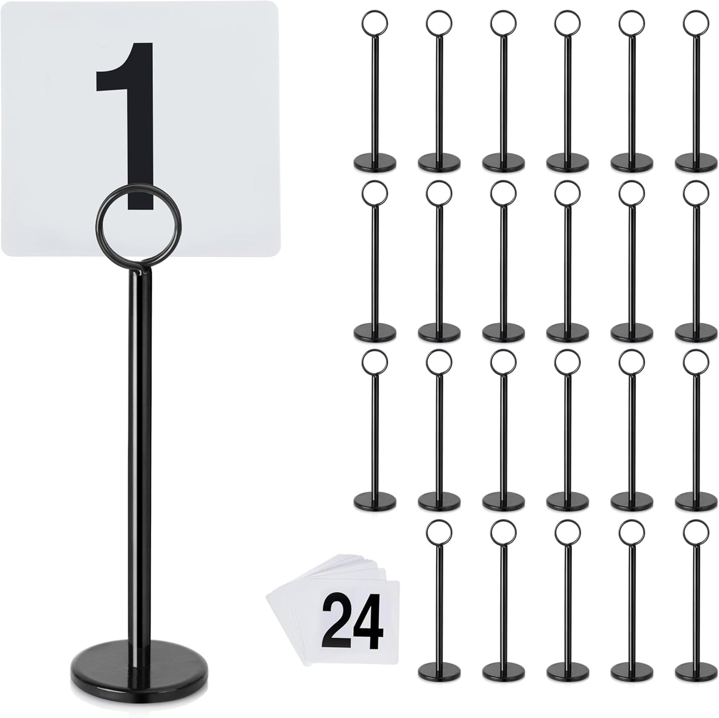 New Star Foodservice 27693 Ring Clip Table Number Card Holders, w/Number Cards, 1 to 24, Set of 24, 8-Inch, Black Stand (Black Stand, 1 to 24, 8-Inch