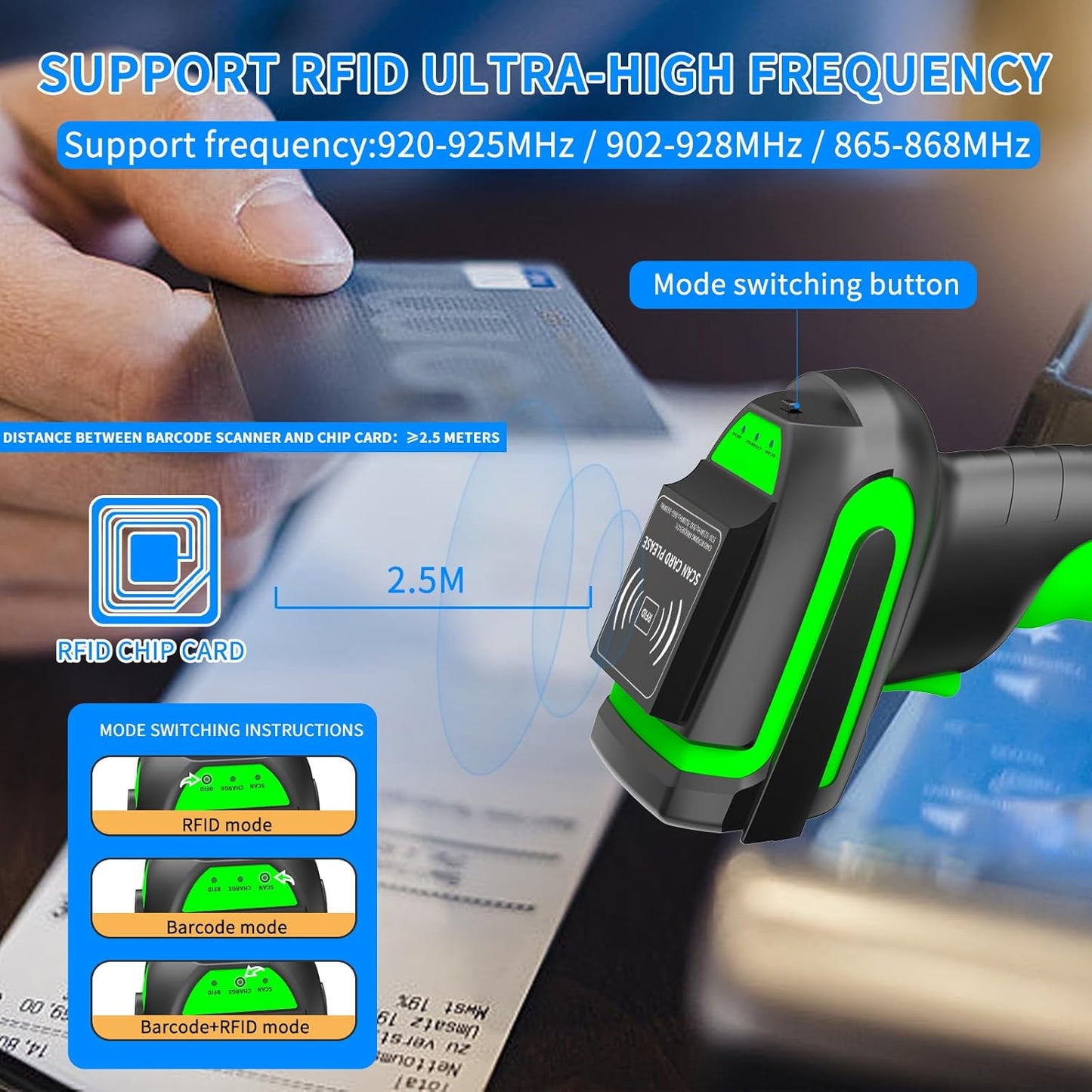 Wireless RFID 2D Barcode Scanner, 1D Barcode 2D QR Global Shutter Scan Sensor, UHF RFID Tags Reader