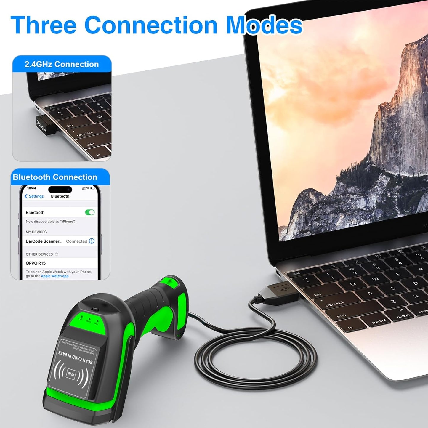 Wireless RFID 2D Barcode Scanner, 1D Barcode 2D QR Global Shutter Scan Sensor, UHF RFID Tags Reader