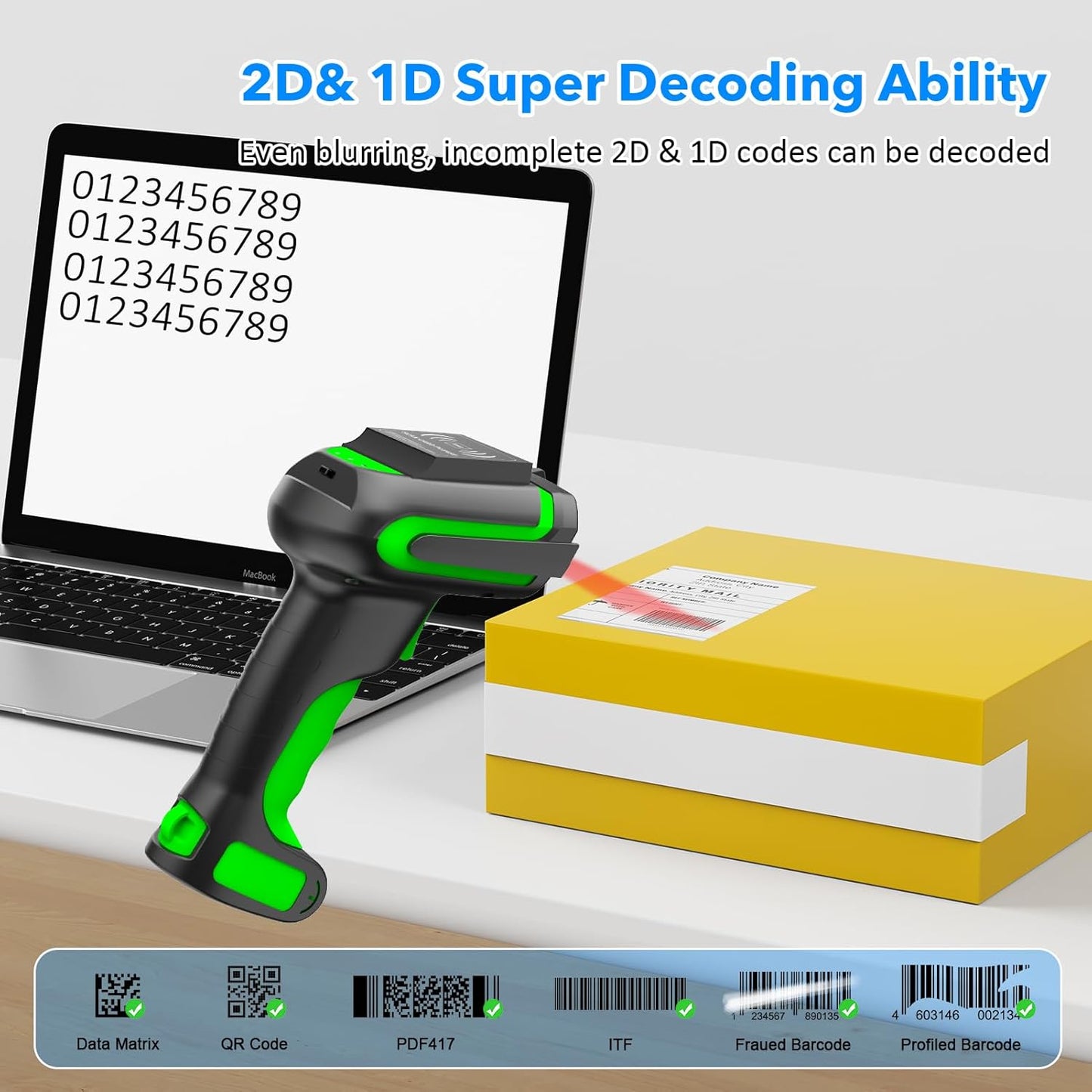 Wireless RFID 2D Barcode Scanner, 1D Barcode 2D QR Global Shutter Scan Sensor, UHF RFID Tags Reader