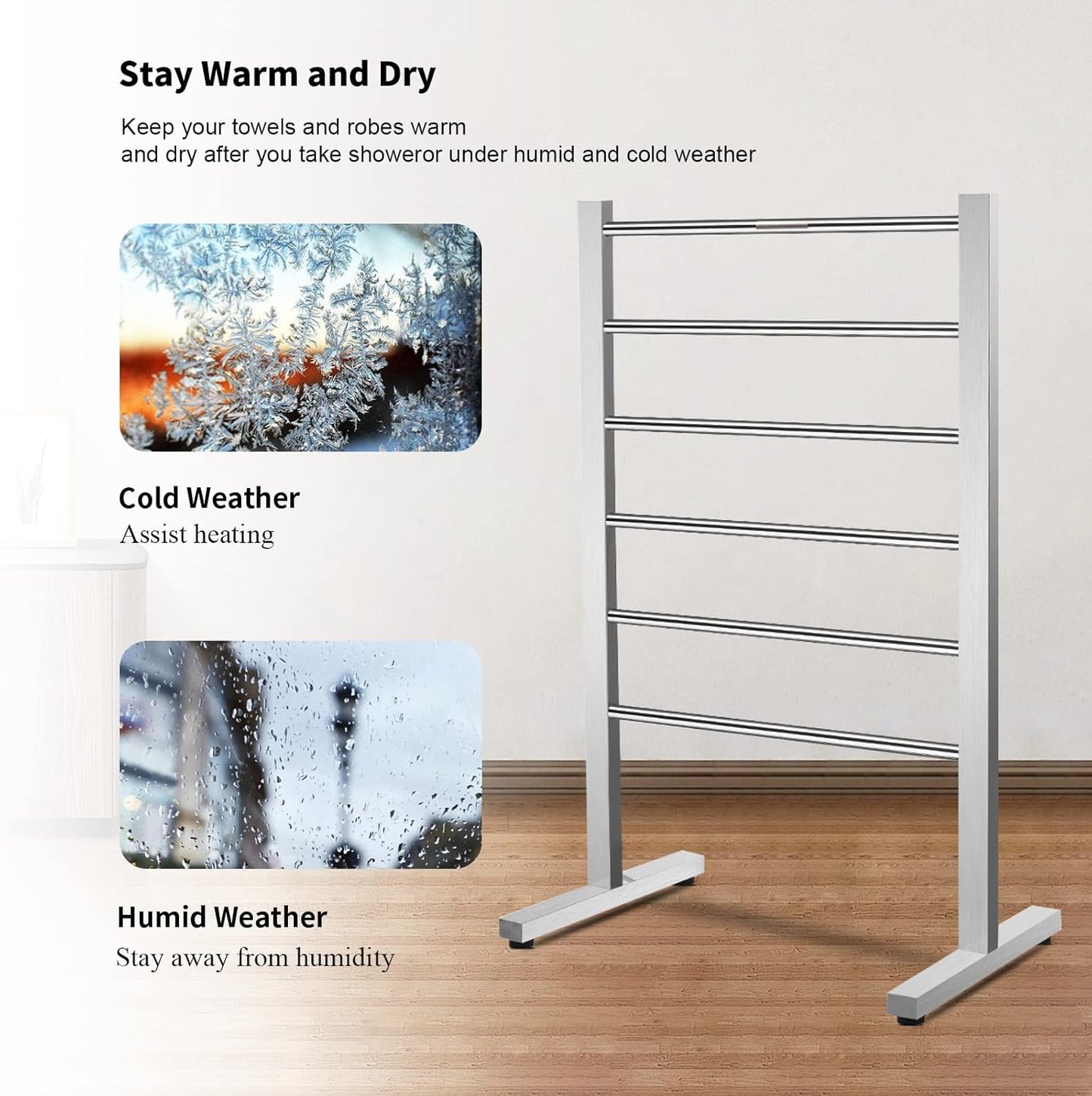 SHARNDY Portable Electric Towel Warmer ETW78-1 Freestanding Drying Rack for Home Bathroom Stainless Steel Brushed Nickel, 6 Bars, 65W