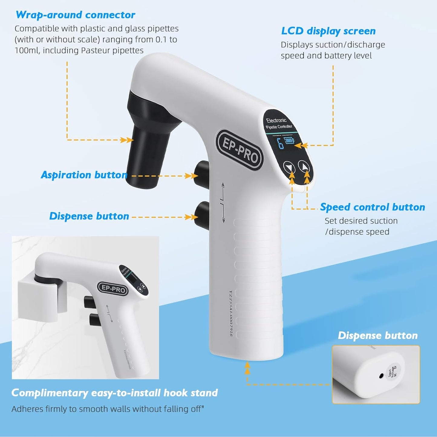Motorized Pipette, Pump Pipet Aid with LED LCD Screen, Large Capacity Electric Pipette with 6 Adjustable Speeds