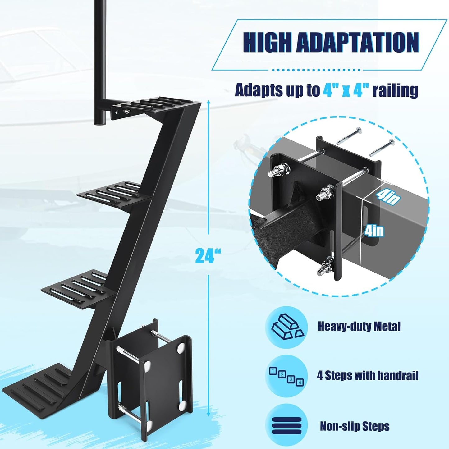 Trailer Steps, Heavy Duty Boat Trailer Steps, Suitable for 4 x 4 inches Trailer Frame, Black