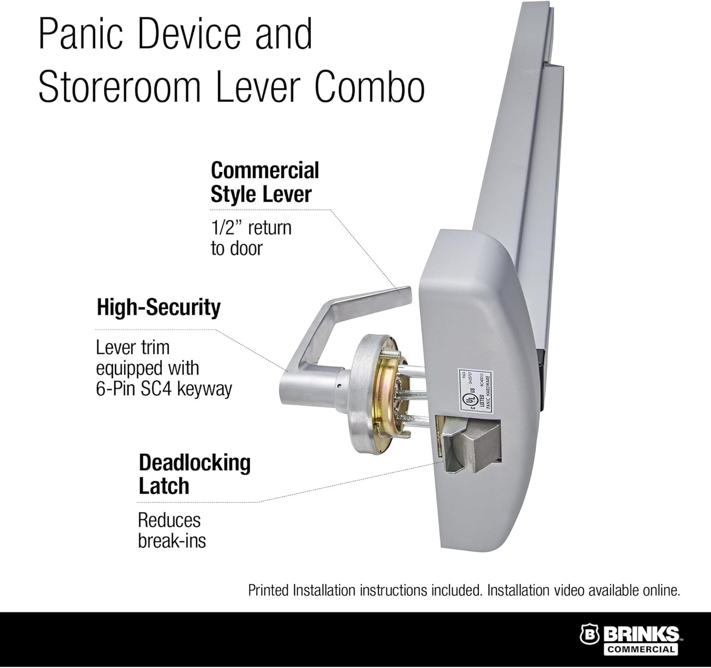Brinks Commercial Rim Panic Exit Device with Storeroom Lever Trim, Aluminum - UL Listed Emergency Exit