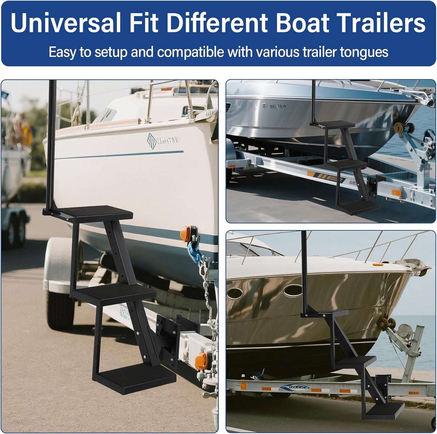 Neorexon Boat Trailer Steps 3 Step w/Anti-Slip Mat &amp; Handrail, 450LBS Capacity Boat Steps, Universal Fit Boat Trailer Tongue Steps, Flexible Step