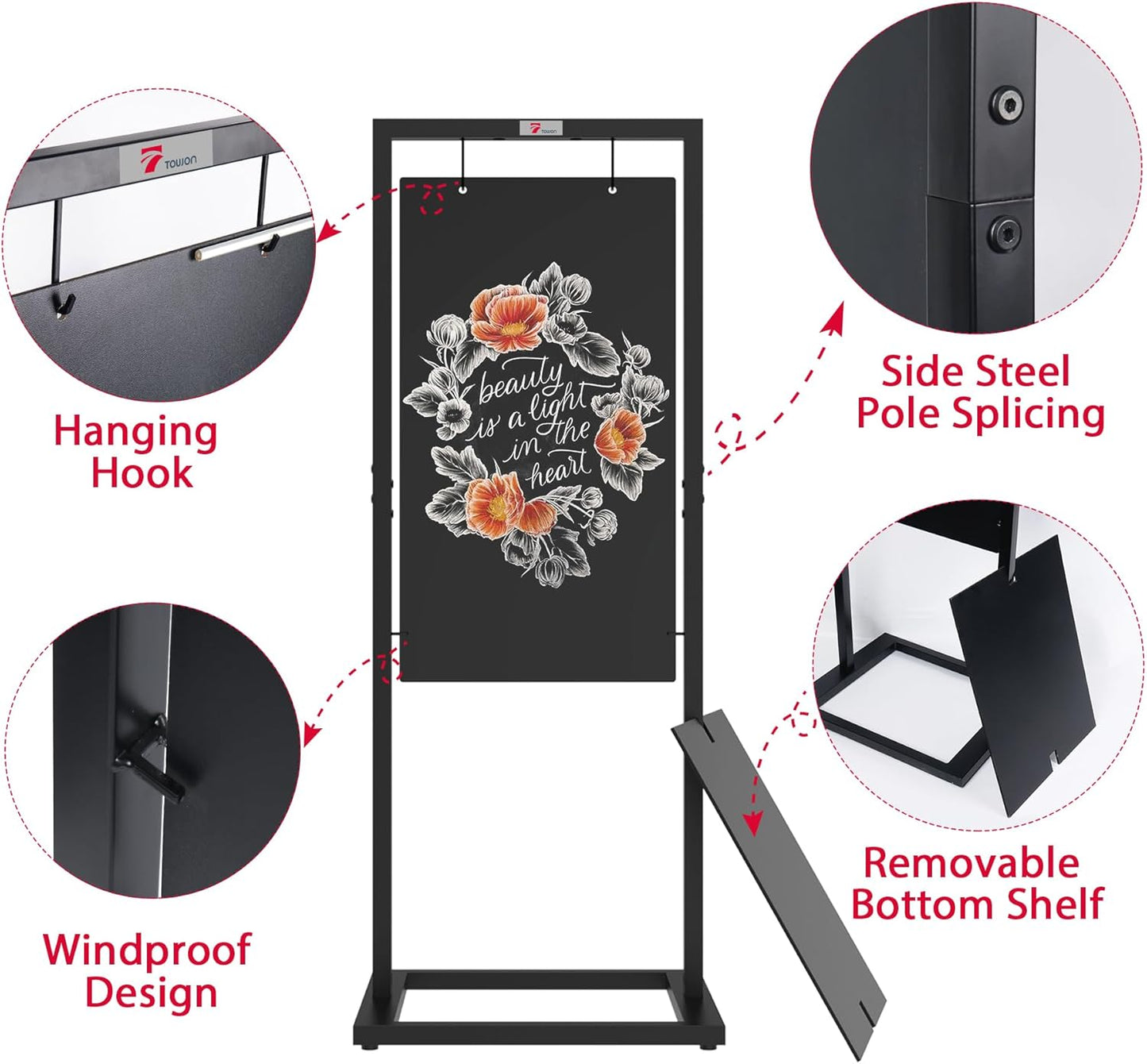TOWON 20x47 Windproof Double-Sided Chalkboard Stand  Heavy-Duty &amp; Portable Sandwich Board with Metal Hooks, Parallel Bar Frame for Cafes,