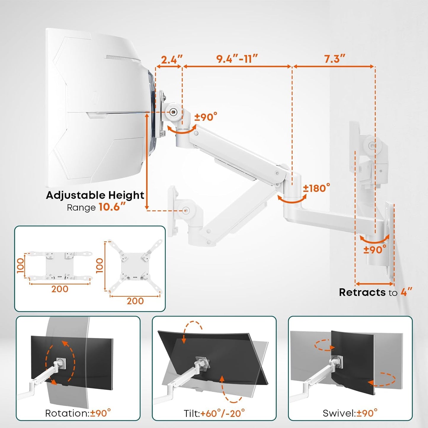 Ultrawide Monitor Wall Mount, Heavy Duty Monitor Arm for Screen up to 57 inches and 44 lbs with Gas Spring, VESA