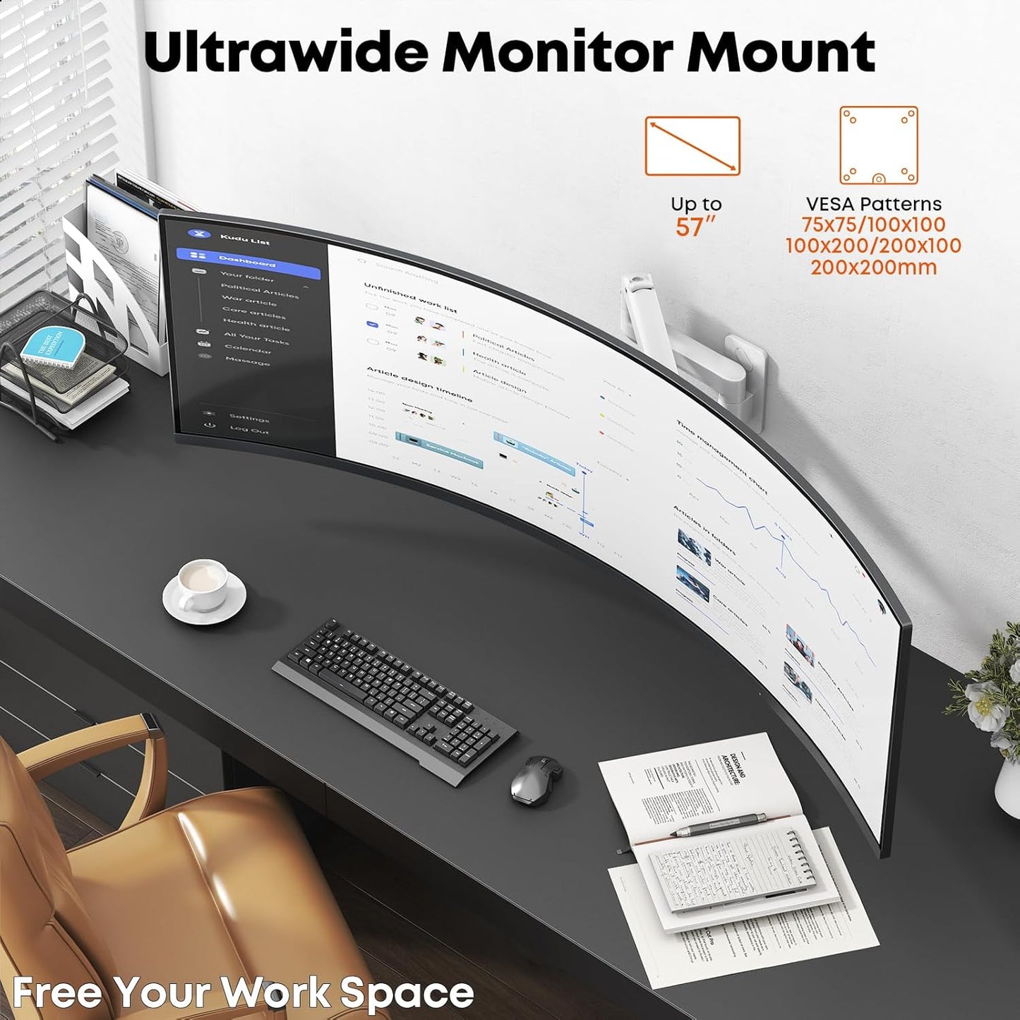Ultrawide Monitor Wall Mount, Heavy Duty Monitor Arm for Screen up to 57 inches and 44 lbs with Gas Spring, VESA