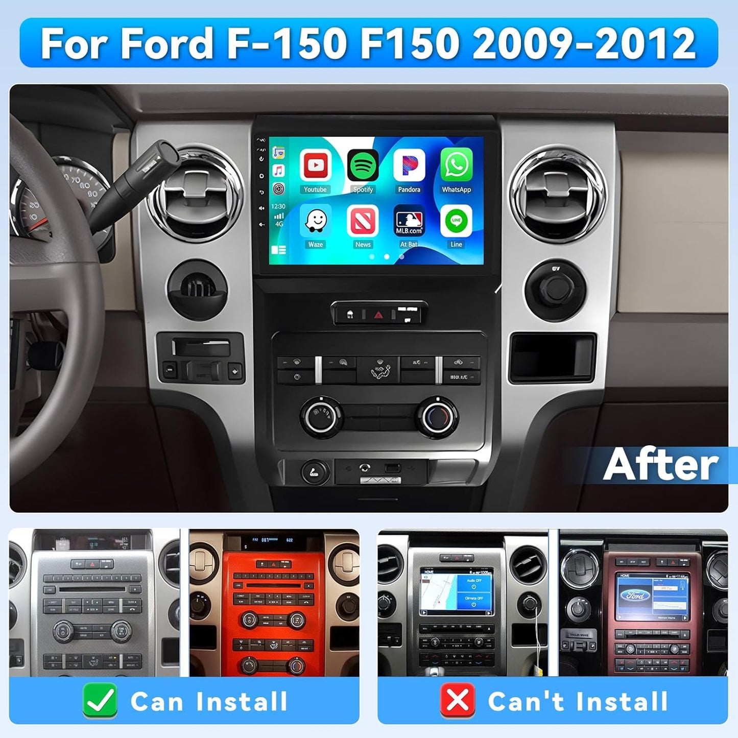 Car Stereo Radio for Ford F-150 F150 2009 2010 2011 2012 with Wireless Carplay Android Auto, 4+64G 9 inch HD IPS Thouch Screen Bluetooth Radio with