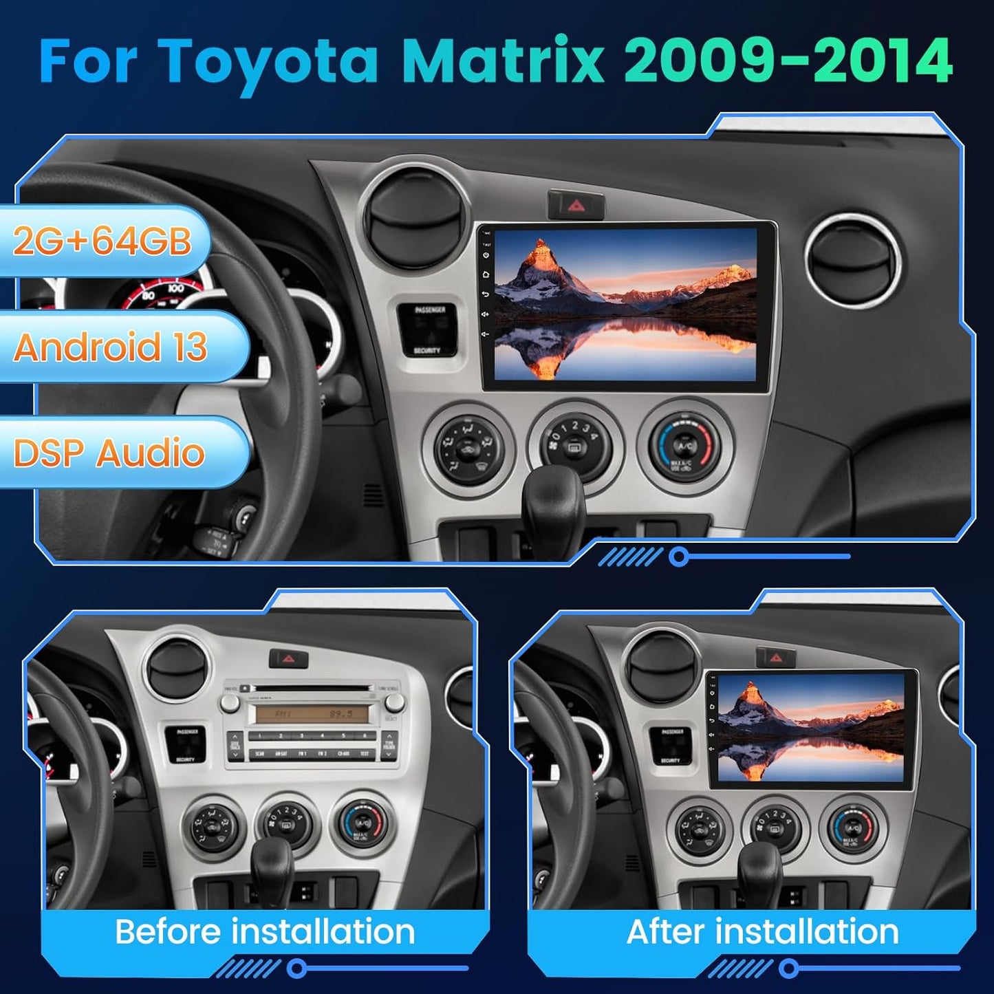 Android Car Stereo 2+64G for Toyota Matrix 2009-2014, 9 inch HD Touchscreen, Carplay, B/U Camera