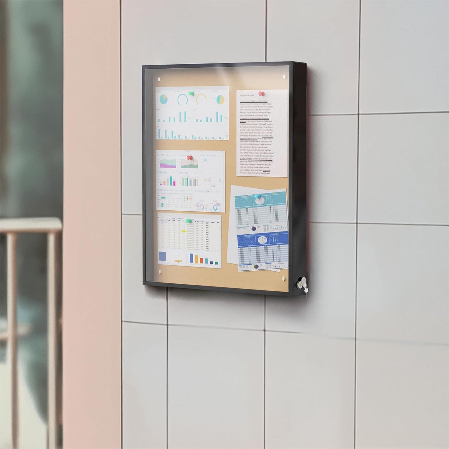 Wall-Mounted Waterproof Bulletin Board with Lock and Soft Cork Surface, Dustproof and Secure, 36 x 24in