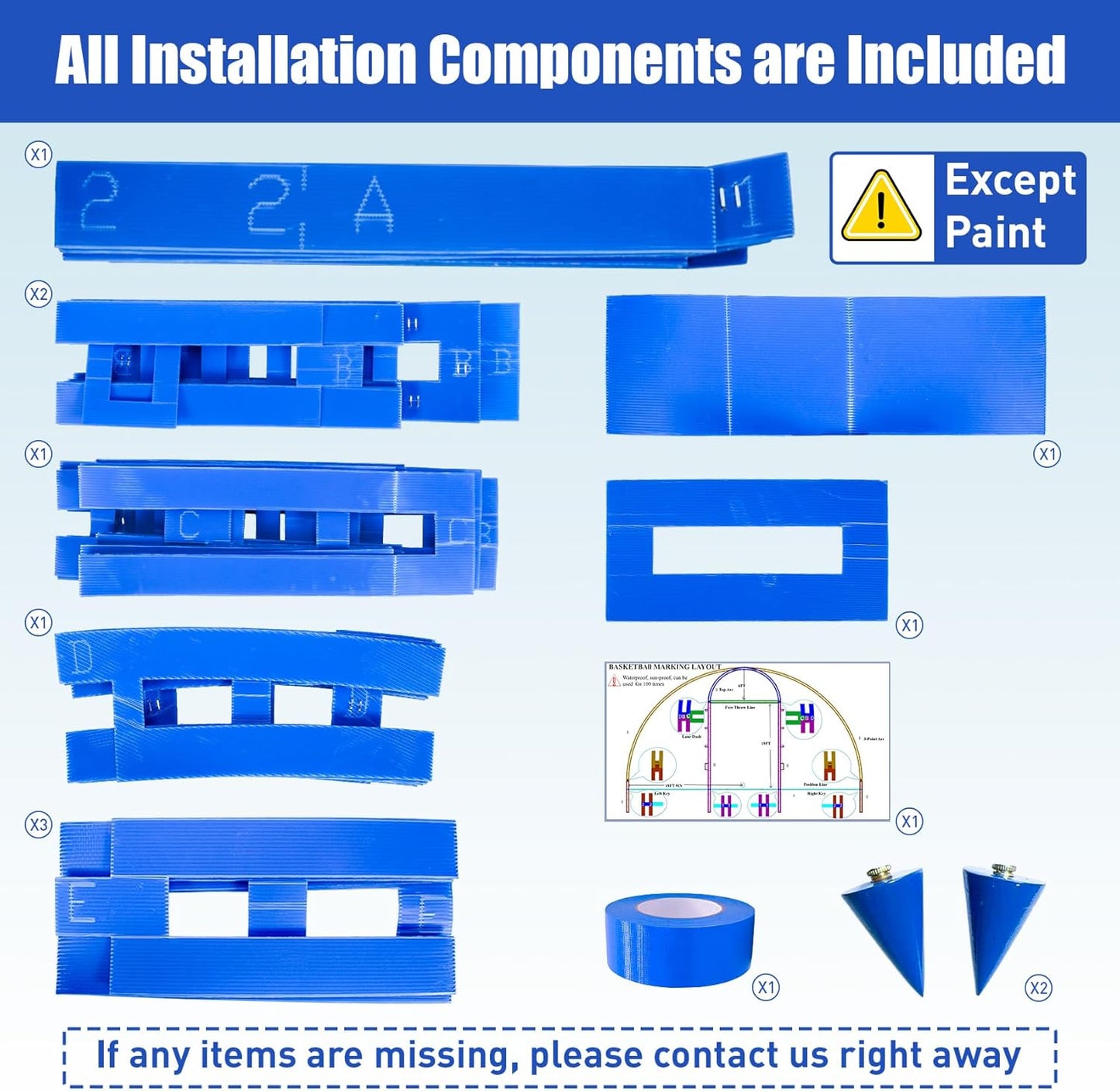 LndscLaser PC Plastic Material Basketball Court Stencil Kit for Concrete, Basketball Court Marking Kit, Waterproof, Sun-Resistant NOT Paper Board,