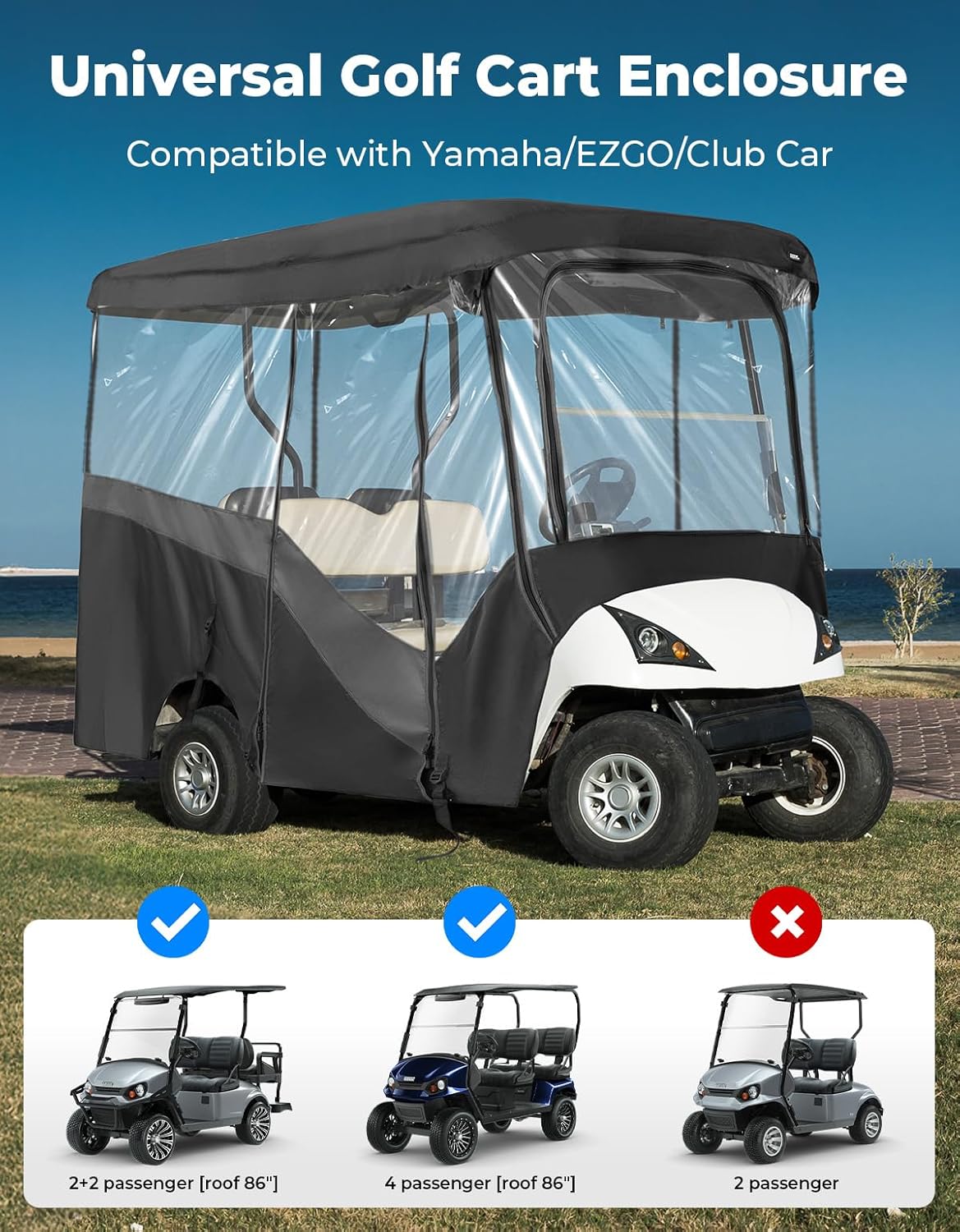 KEMIMOTO Golf Cart Enclosure, 4&amp;6 Passenger Golf Cart Rain Cover, 600D Waterproof Driving Enclosure with Clear PVC Windshield for Extended Roof