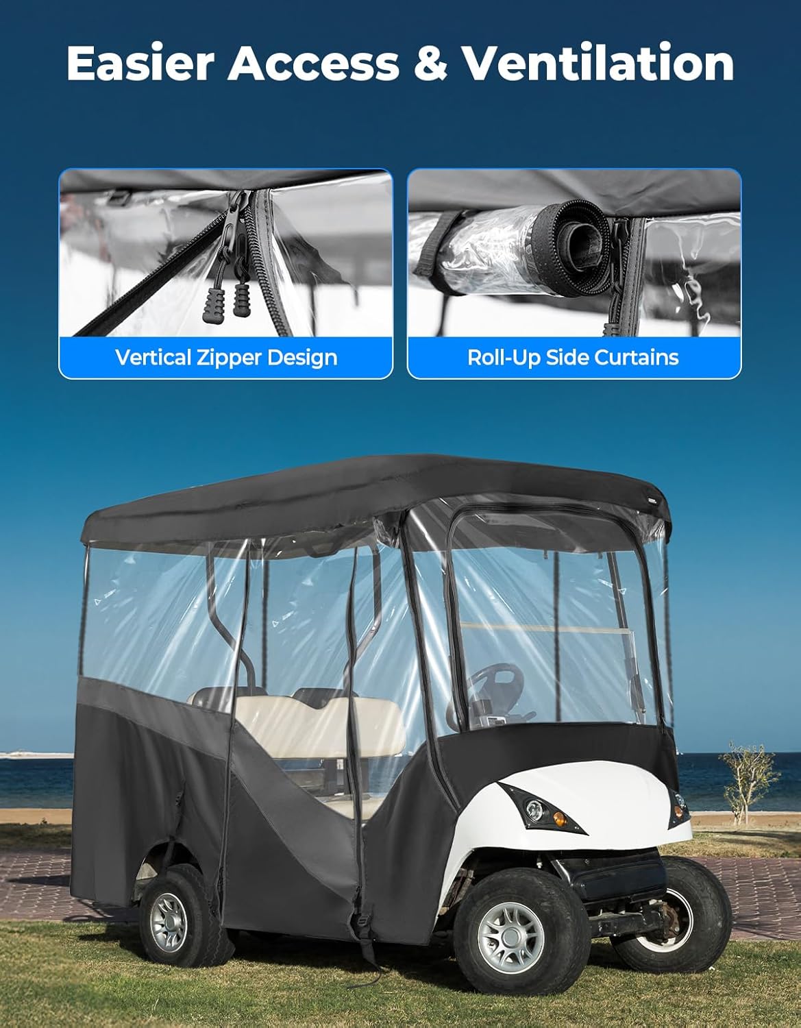 KEMIMOTO Golf Cart Enclosure, 4&amp;6 Passenger Golf Cart Rain Cover, 600D Waterproof Driving Enclosure with Clear PVC Windshield for Extended Roof