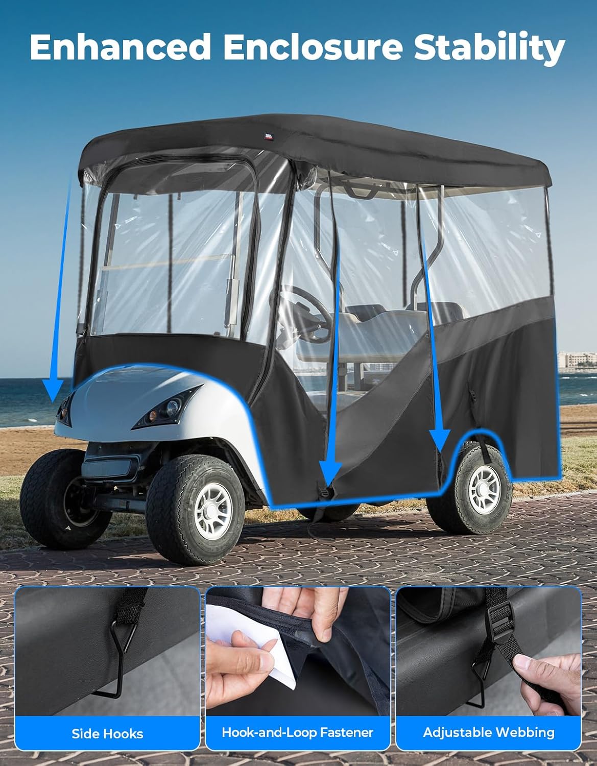 KEMIMOTO Golf Cart Enclosure, 4&amp;6 Passenger Golf Cart Rain Cover, 600D Waterproof Driving Enclosure with Clear PVC Windshield for Extended Roof