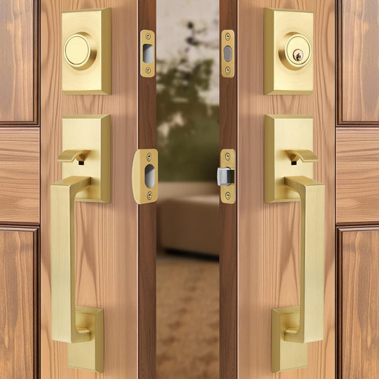 Brushed Gold Double Front Door Lock Set, Keyed Entry Front Door Handle set with Dummy, Square Heavy Duty